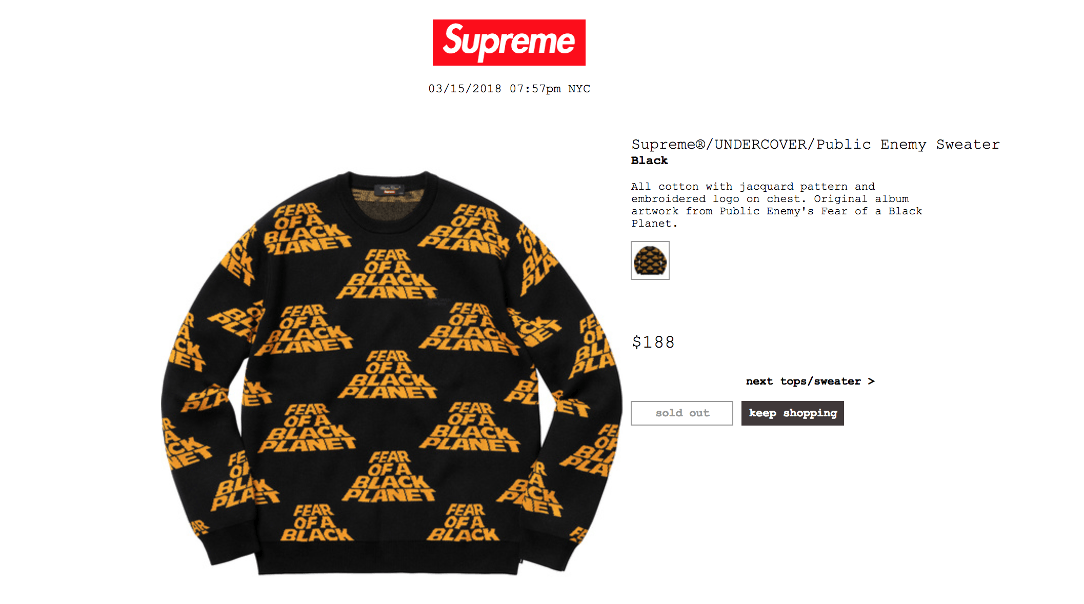 Supreme Supreme x Undercover x Public Enemy / Fear Of a Black Planet  Sweater / Black / M | Grailed