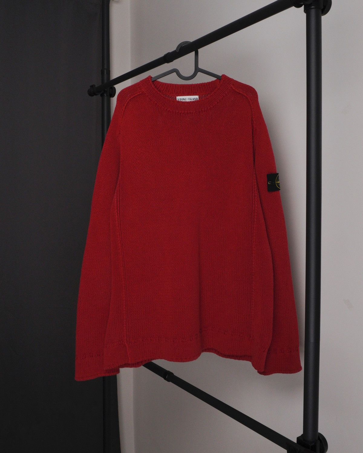 image of Vintage Stone Island Ss01 Red Ribbed Knit Crewneck Sweater, Men's (Size XL)