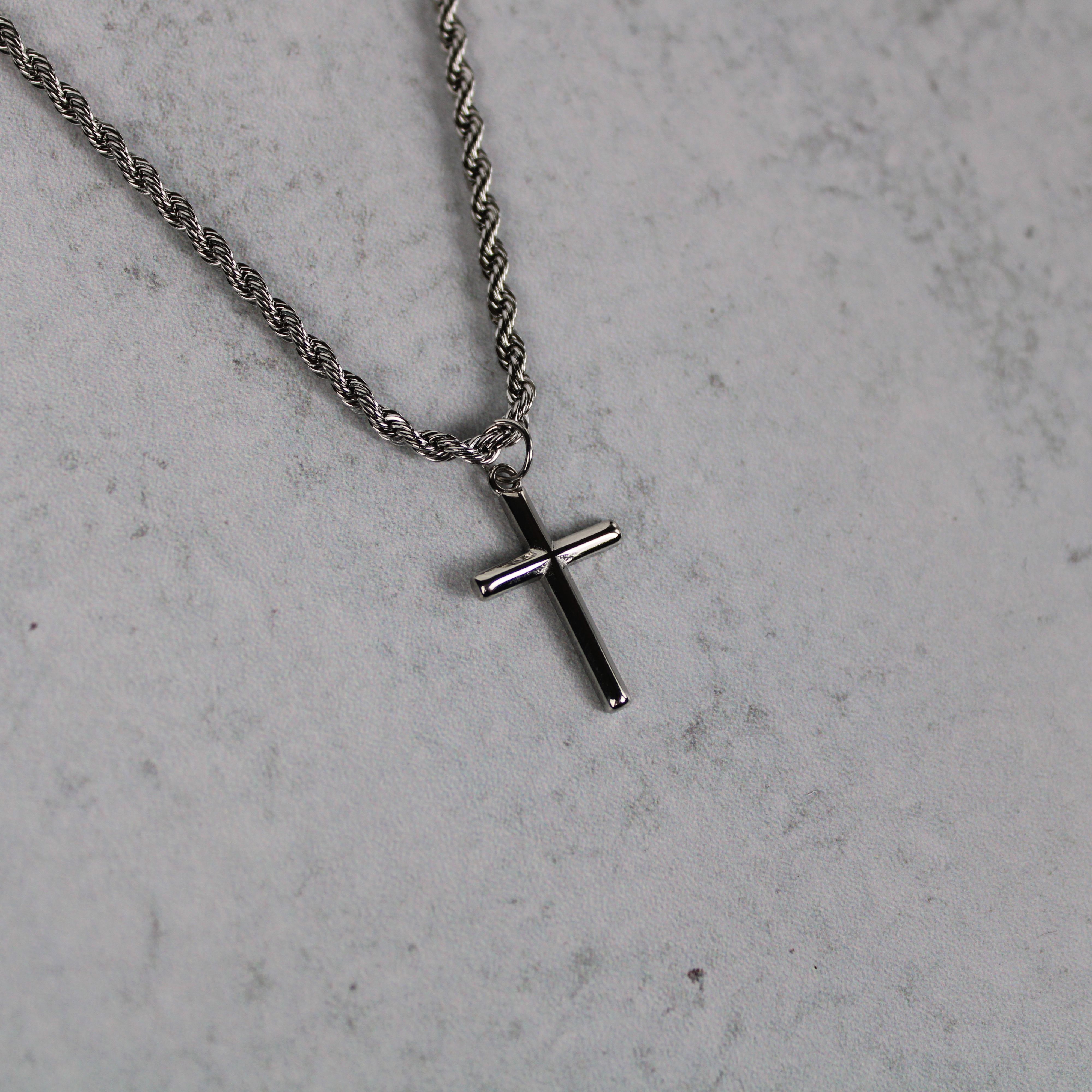 Jewelry Silver Cross Pendant Chain Necklace 3mm Rope Size ONE SIZE - 2 Thumbnail