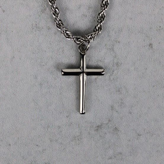 Jewelry Silver Cross Pendant Chain Necklace 3mm Rope Size ONE SIZE - 1 Thumbnail