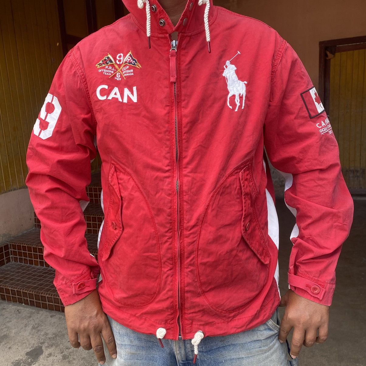 image of Sun Faded Red Polo Ralph Laurent Ocean Challenge 2011 Jacket, Men's (Size Large)