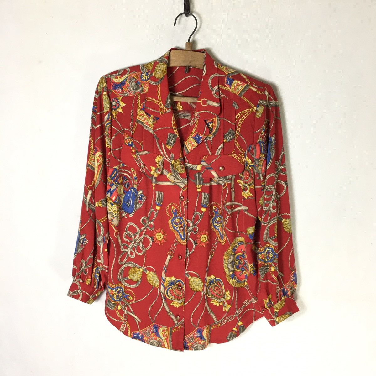 image of Vintage Japanese Baroque Novelty Chain Silk Shirt in Red, Men's (Size Medium)