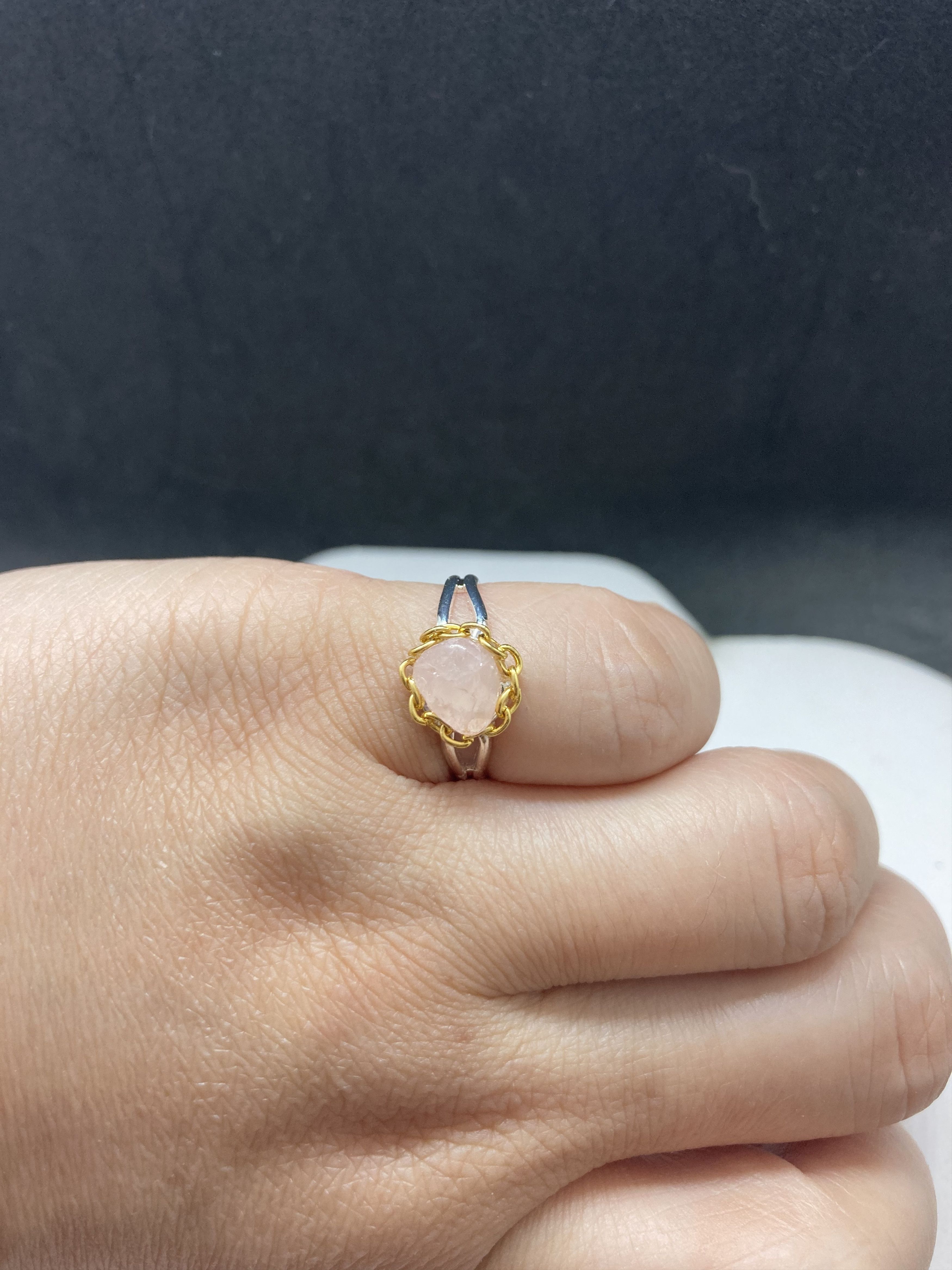 Handmade Rose Quartz stainless steel ring with chain - size 6.25 Size ONE SIZE - 3 Thumbnail