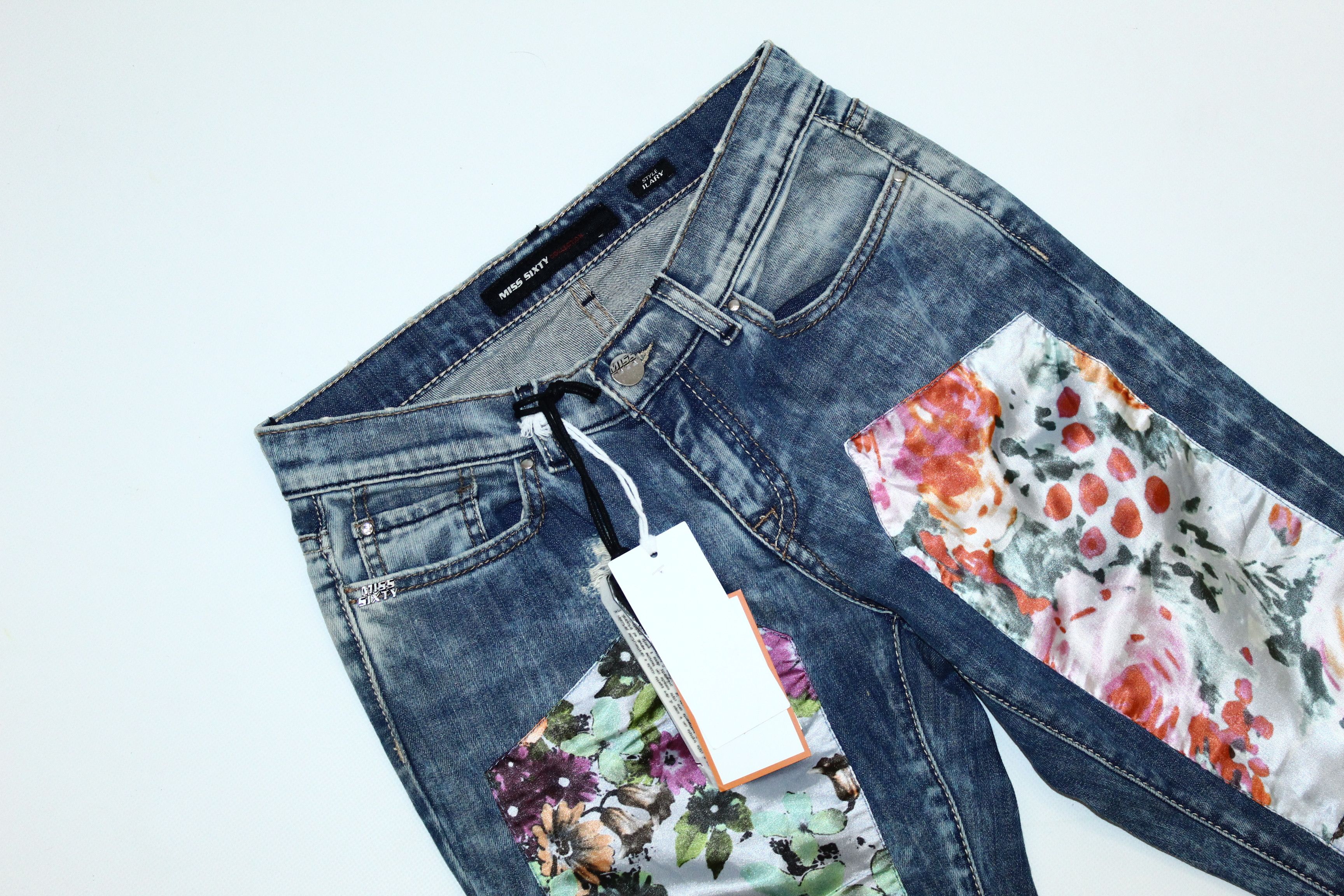 Beauty Beast VTG💥 Miss Sixty x Swarovski Floral Satin trim skinny Jeans Size US 28 / EU 44 - 3 Thumbnail