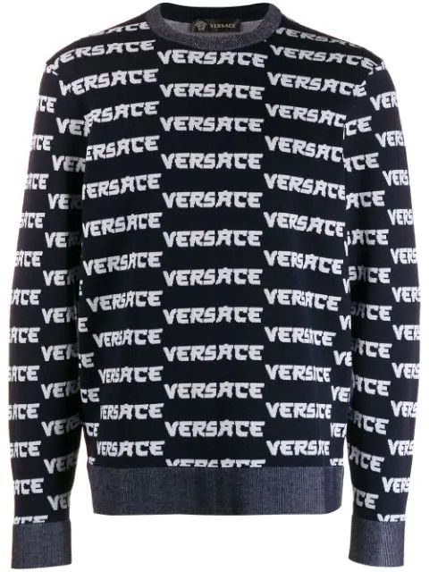 image of Versace Knitted Logo Sweatshirt in Blue, Men's (Size Large)