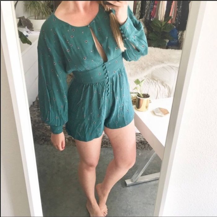 Free People NWT FREE PEOPLE FP Turquoise Blue Green Long Shorts Romper