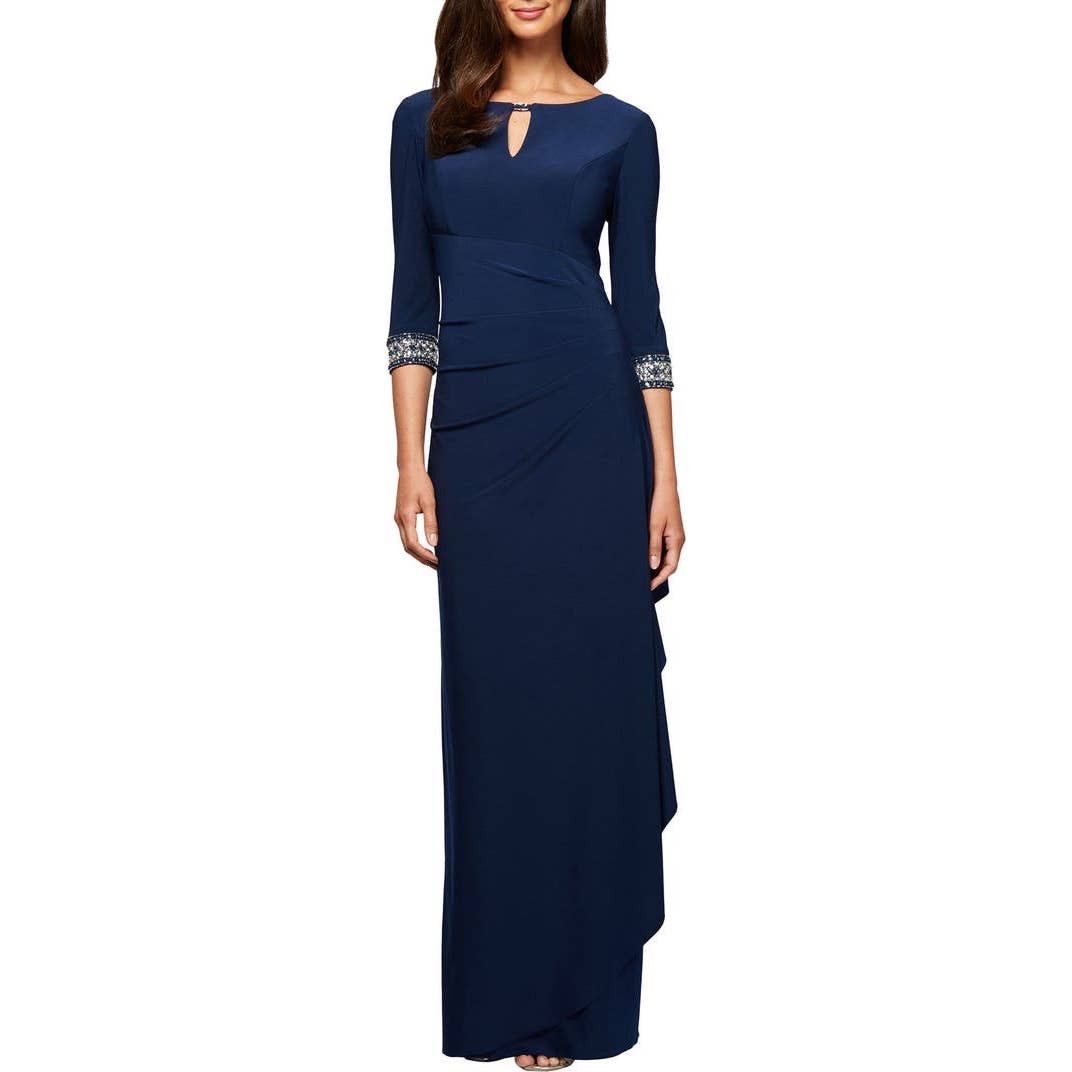 Alex Evenings Alex Evenings Navy Blue Jeweled Cuff Column Formal Gown ...