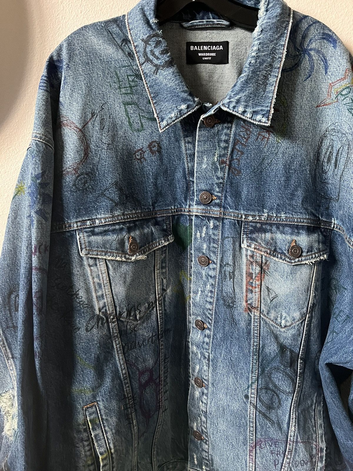 Balenciaga Balenciaga Distressed Scribble Denim Jacket Size US L / EU 52-54 / 3 - 5 Thumbnail