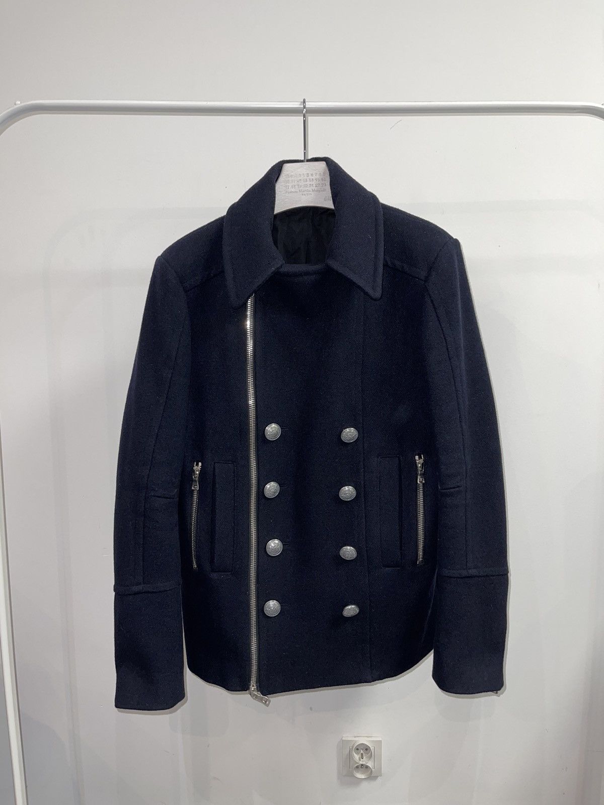 image of Avant Garde x Balmain Double Breasted Assymetrical Wool Coat in Black, Men's (Size Medium)