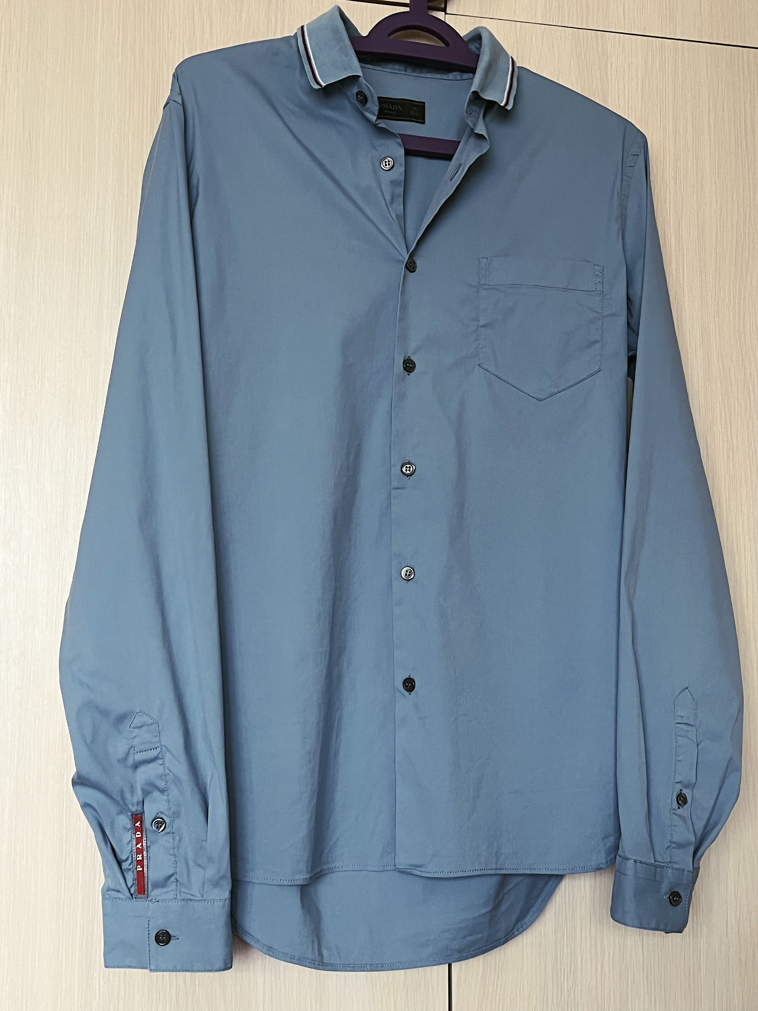 Pre-owned Prada Ss14  Red Stripe Cotton Nylon Blend Long Sleeve Shirt In Blue Grey