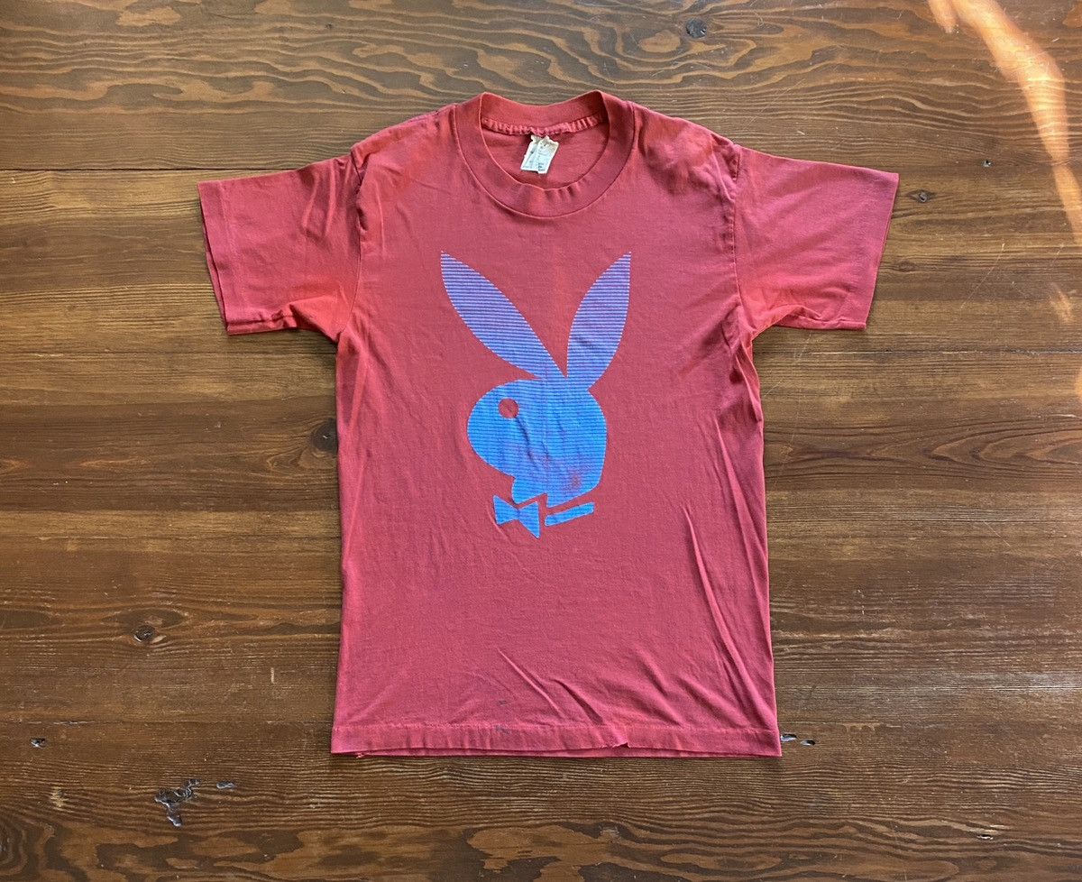 image of Early 90’S Playboy Single Stitch Tee in Pinkish Red/Blue, Men's (Size Small)