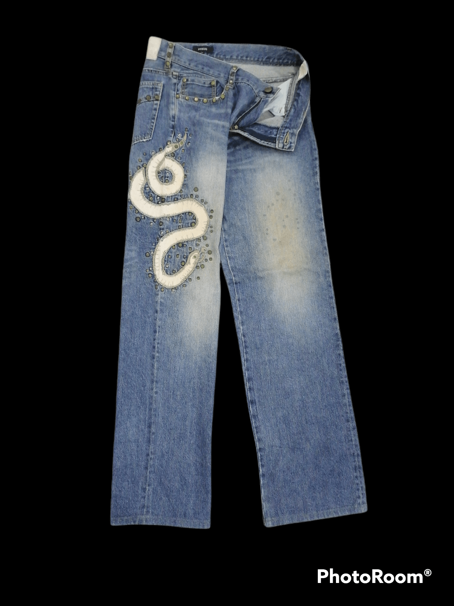 Hysteric Glamour Made In Japan Prigs Snake Embroided Studded Denim Pants Size US 32 / EU 48 - 1 Thumbnail