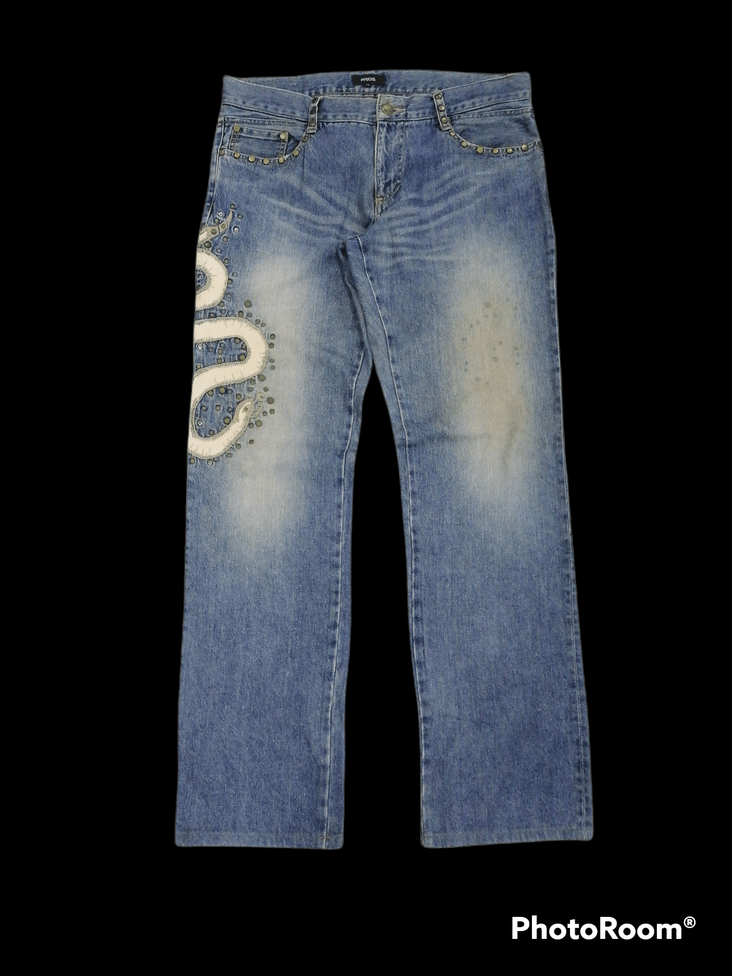 Hysteric Glamour Made In Japan Prigs Snake Embroided Studded Denim Pants Size US 32 / EU 48 - 2 Thumbnail