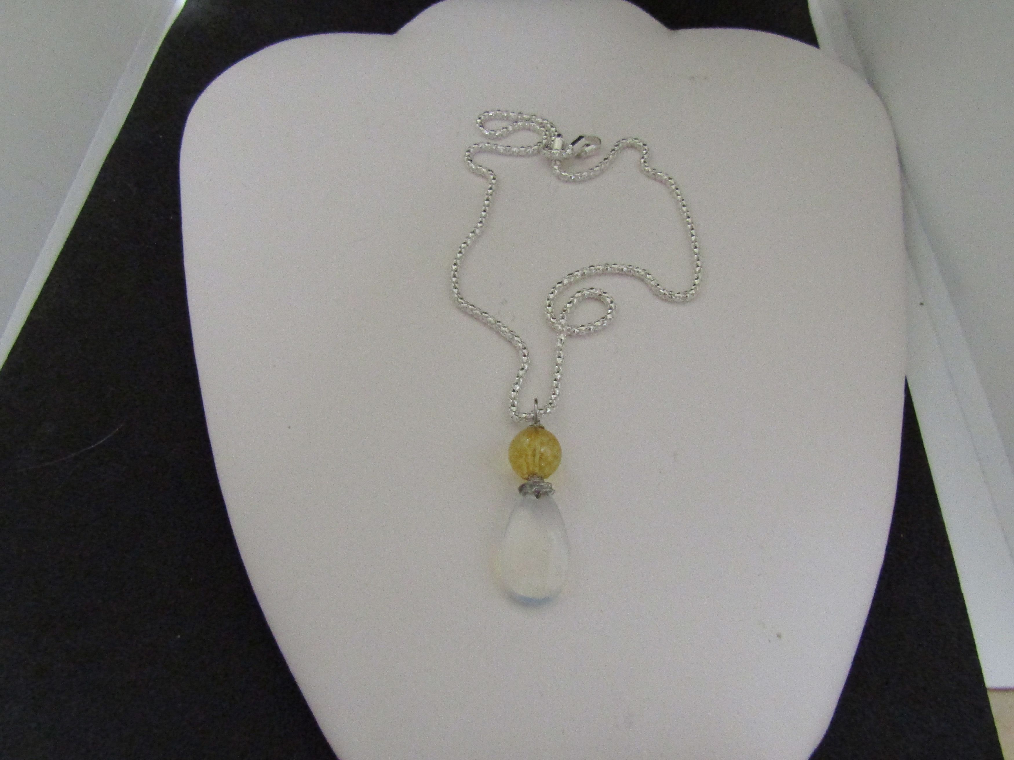 Handmade Opalite Drop Chain Necklace With Amber Bead Size ONE SIZE - 4 Thumbnail