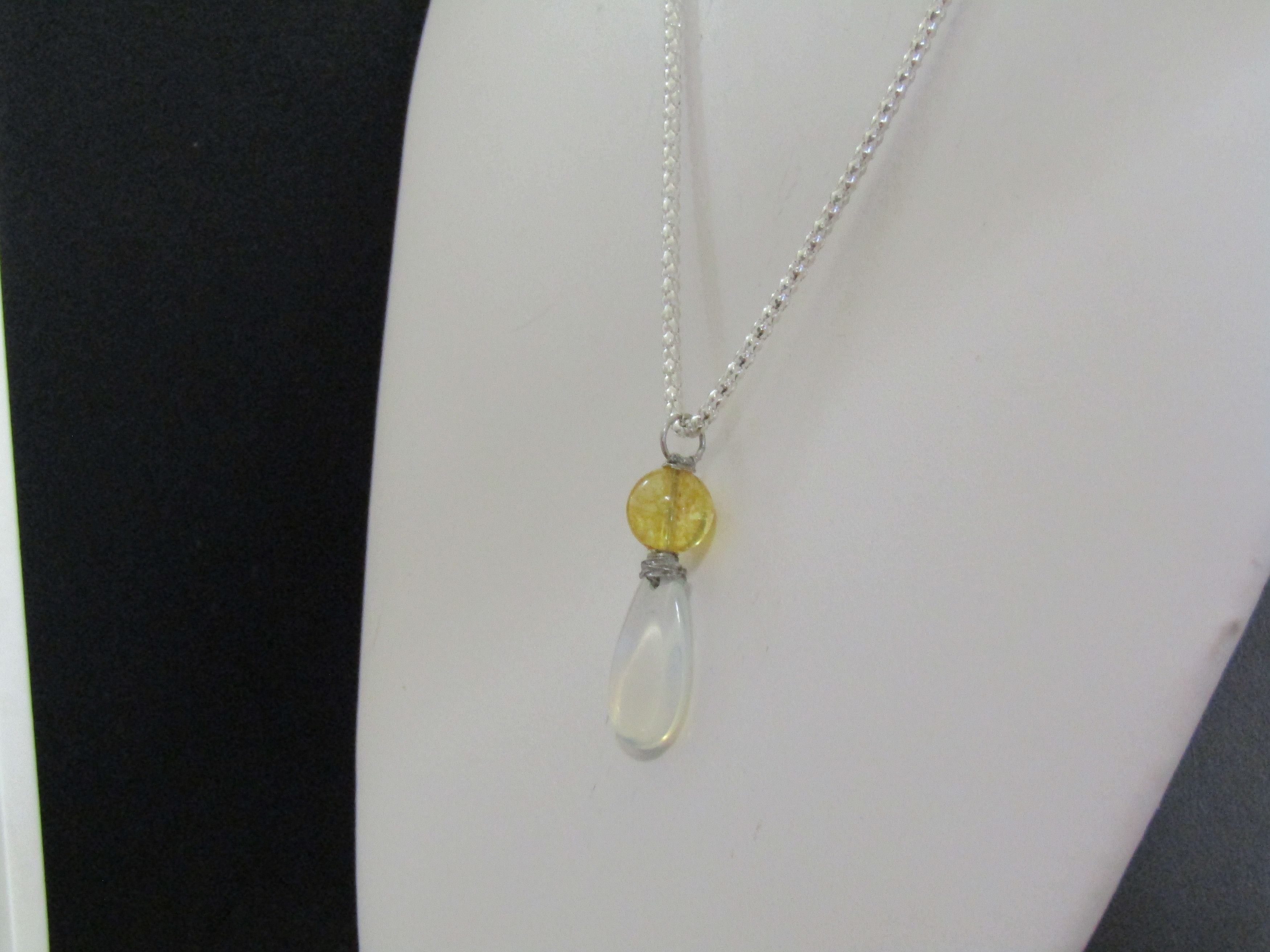 Handmade Opalite Drop Chain Necklace With Amber Bead Size ONE SIZE - 2 Thumbnail