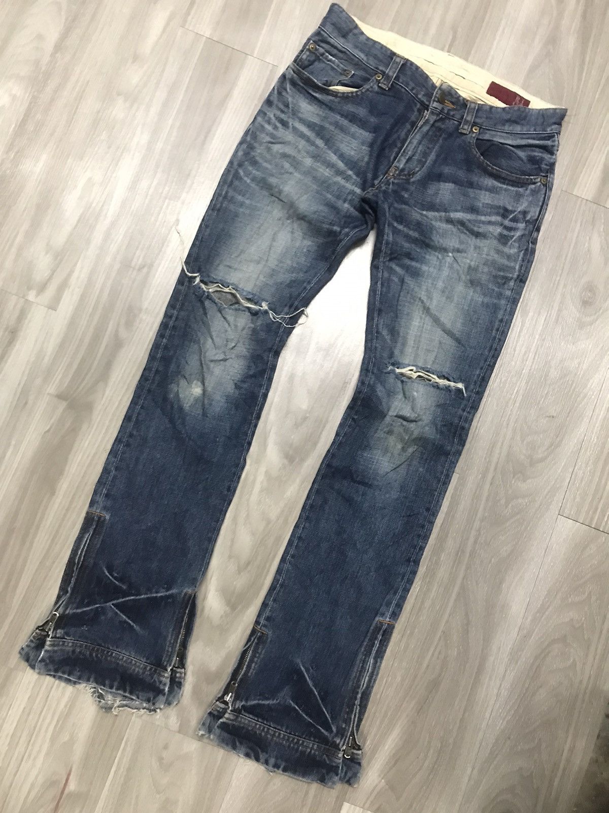 Japanese Brand RICO Distressed Flare Denim Leg Zipper Jeans Size US 31 - 2 Thumbnail