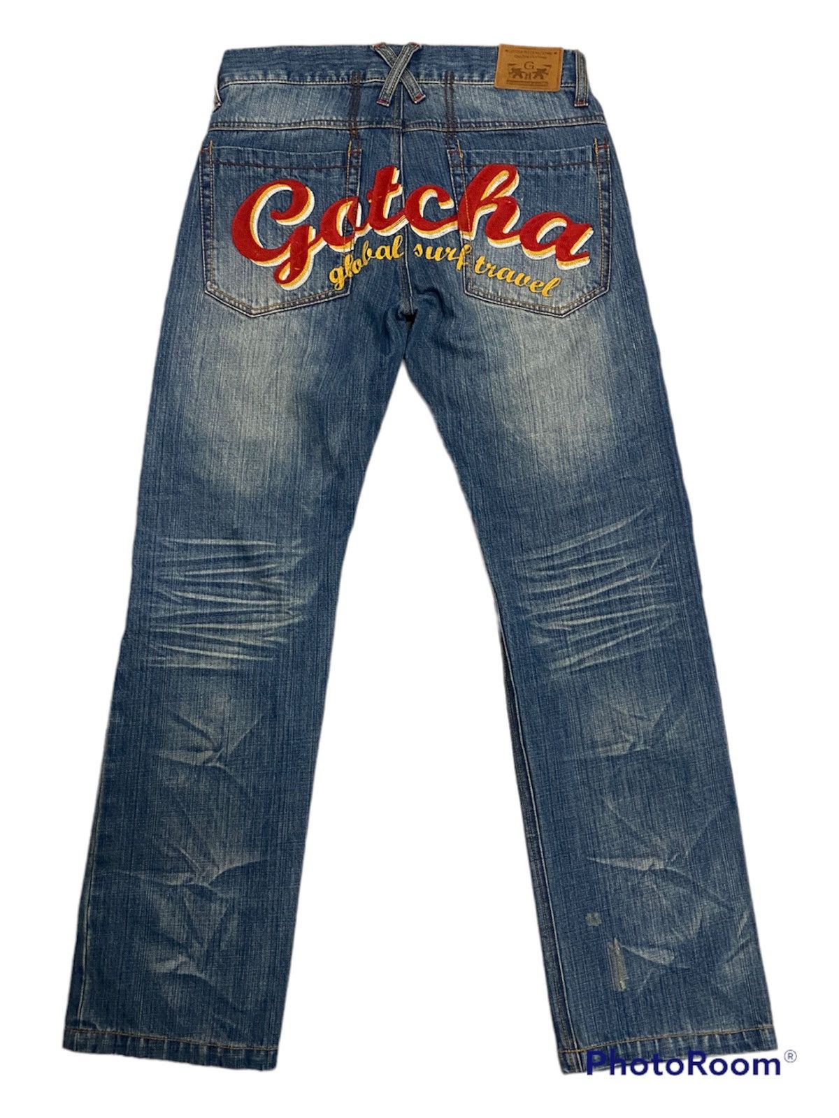 image of Vintage Gotcha Embroid Logo Distressed Denim Jeans in Blue, Men's (Size 32)