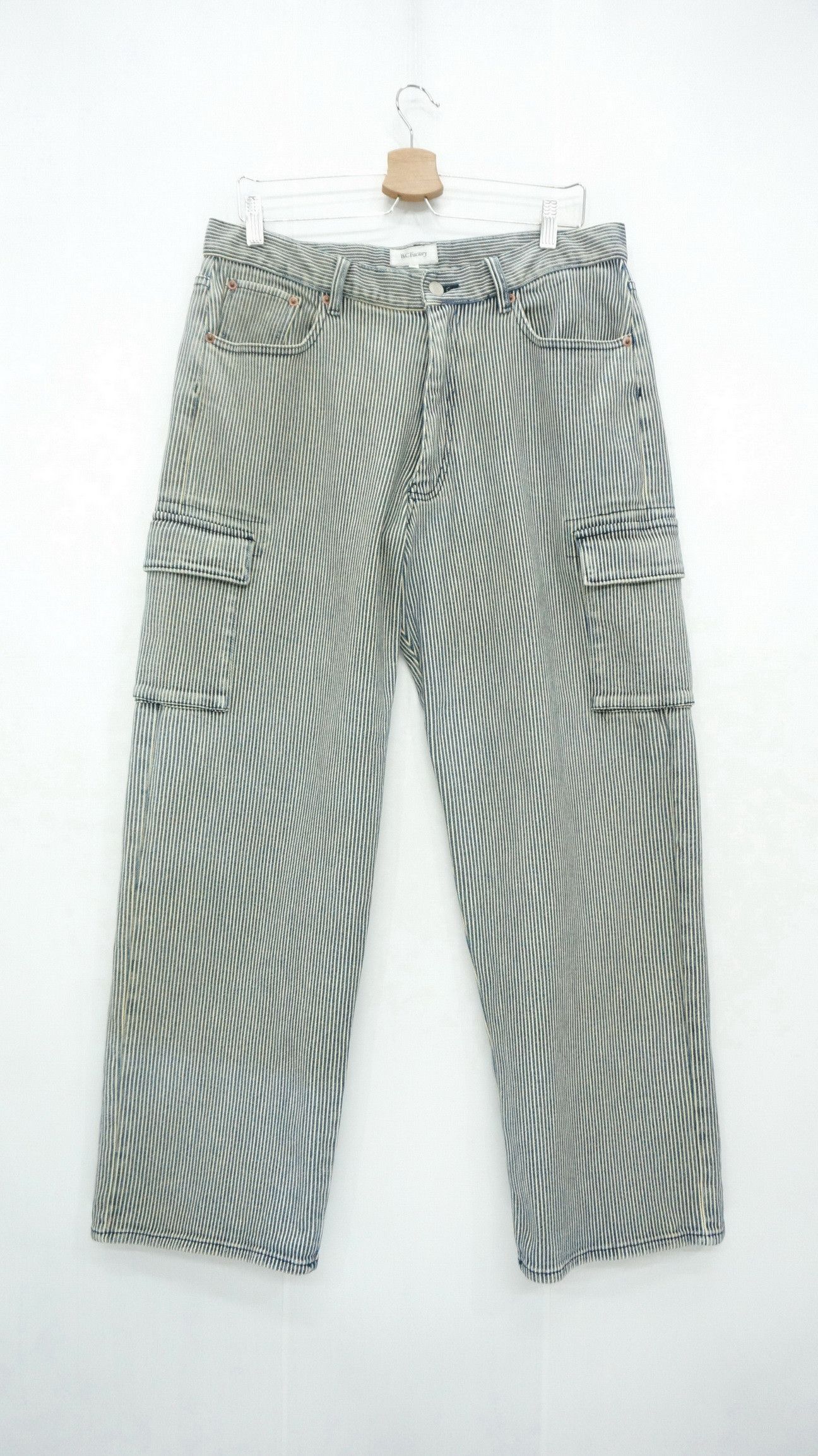 image of Vintage Bc Factory VTG Aging Browned Off Blue Hickory Cargo Denim in Light Blue Stripe (Size 34)