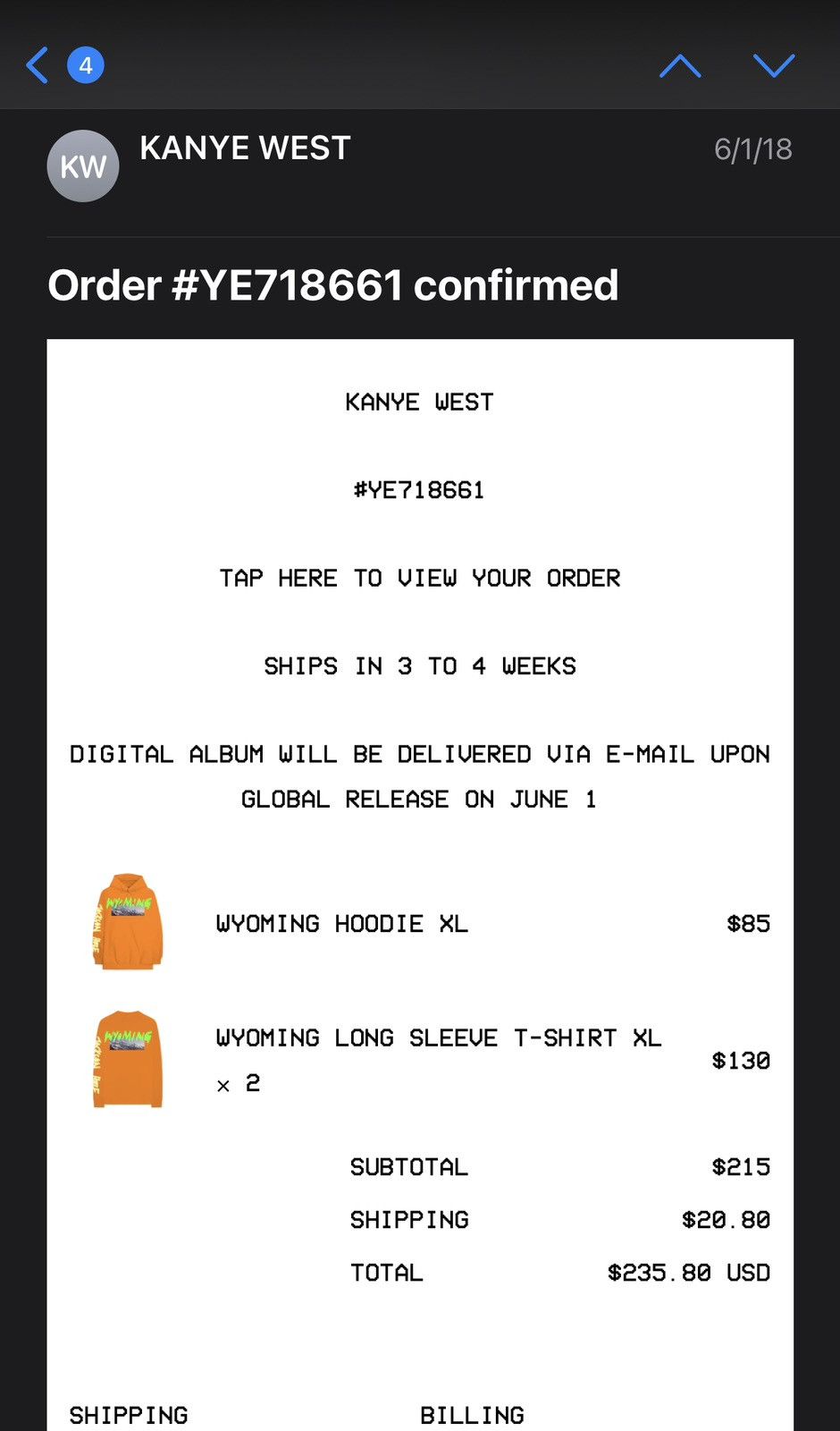 Kanye West KANYE WEST WYOMING LS TEE Size US XL / EU 56 / 4 - 7 Thumbnail