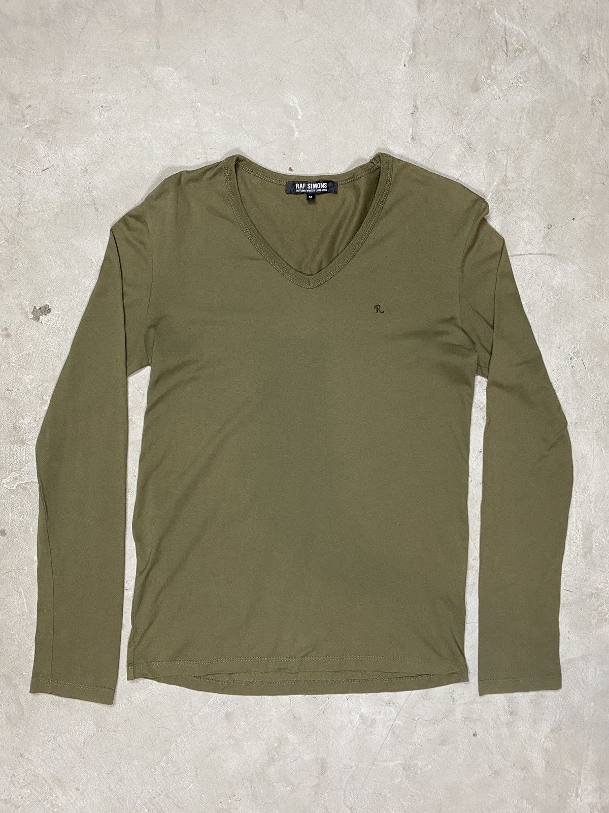 image of Aw/05 Raf Simons V Neck R Logo Long Sleeve in Olive, Men's (Size Medium)