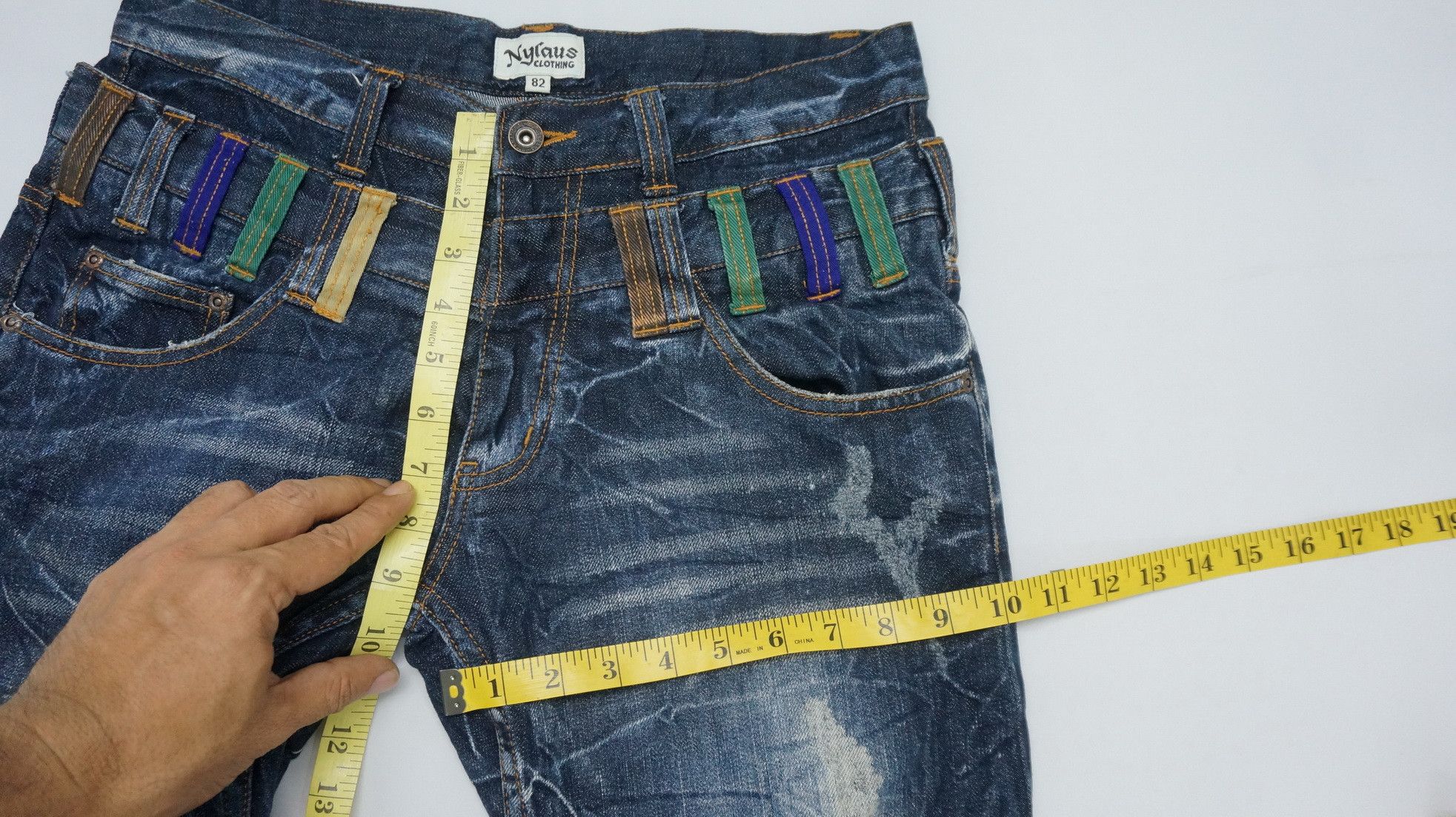 Japanese Brand NYLAUS DARK BLUE Acid Wash Distressed Double Waist Jeans Size US 31 - 13 Thumbnail