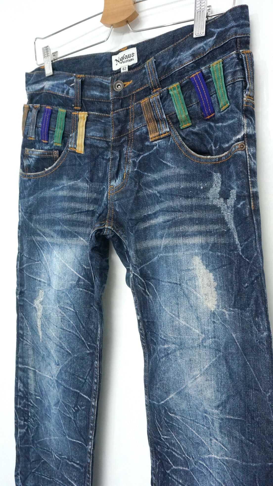 Japanese Brand NYLAUS DARK BLUE Acid Wash Distressed Double Waist Jeans Size US 31 - 4 Thumbnail