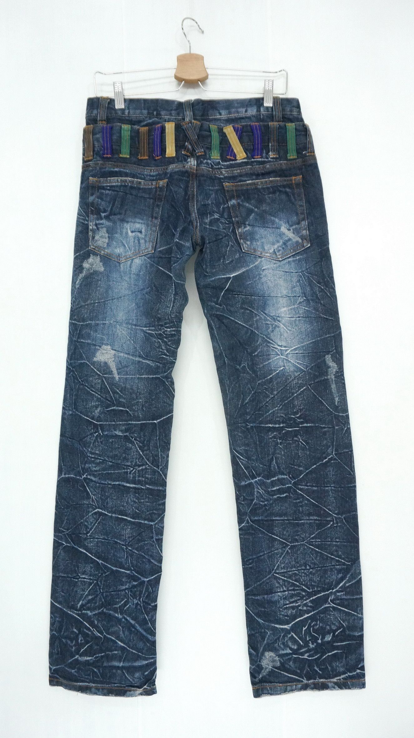 Japanese Brand NYLAUS DARK BLUE Acid Wash Distressed Double Waist Jeans Size US 31 - 2 Thumbnail