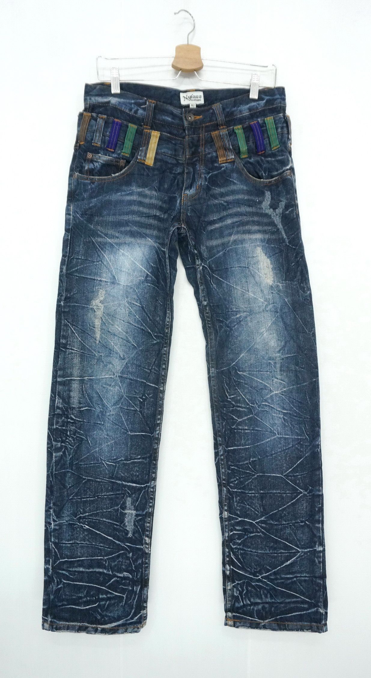 Japanese Brand NYLAUS DARK BLUE Acid Wash Distressed Double Waist Jeans Size US 31 - 1 Thumbnail