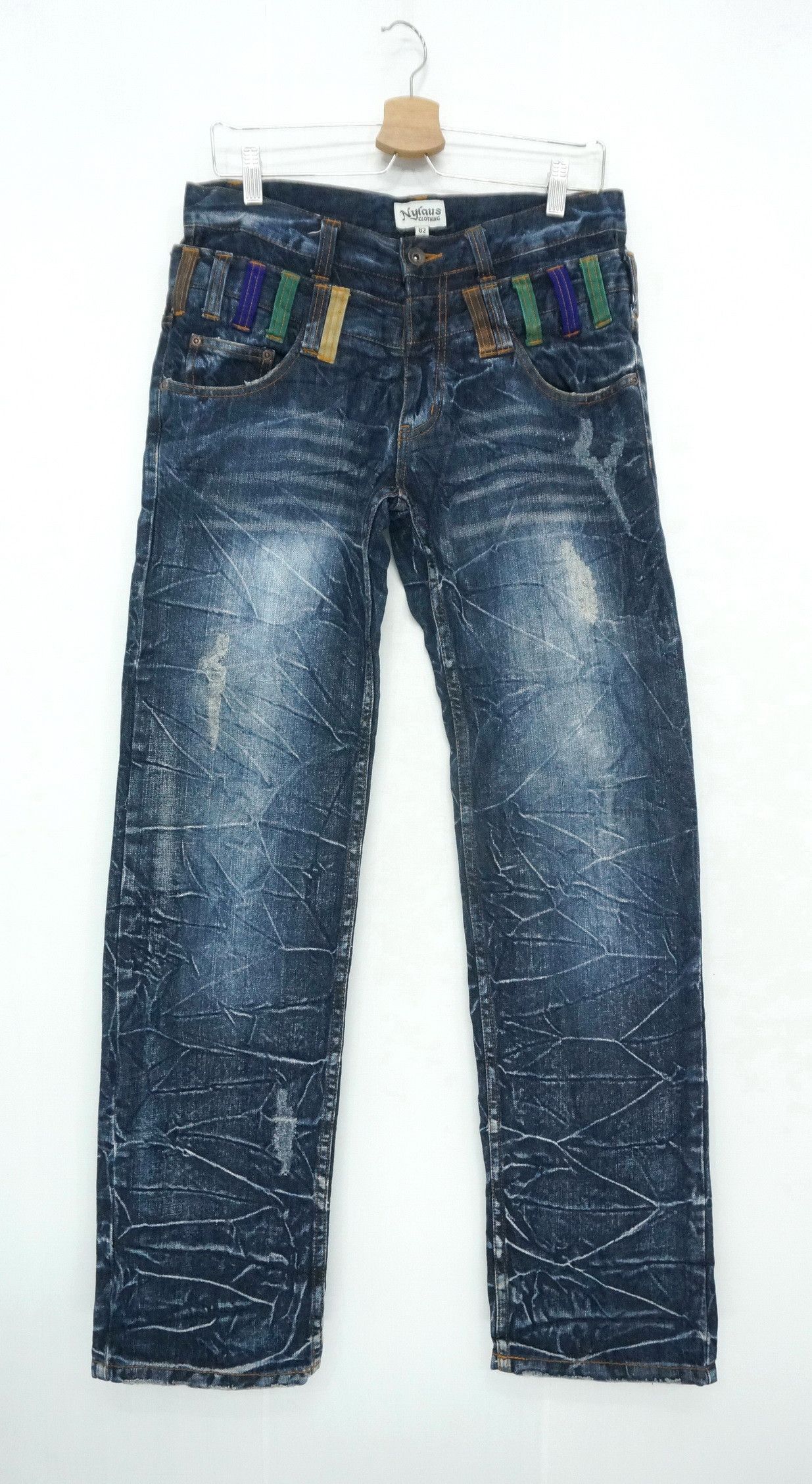 image of Distressed Denim Nylaus Dark Blue Acid Wash Distressed Double Waist Jeans in Blue Denim (Size 31)