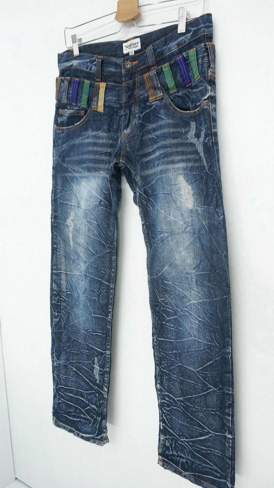 Japanese Brand NYLAUS DARK BLUE Acid Wash Distressed Double Waist Jeans Size US 31 - 5 Thumbnail