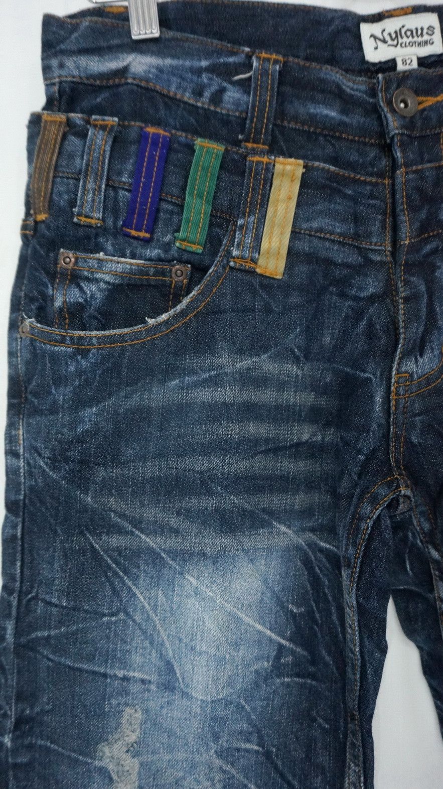 Japanese Brand NYLAUS DARK BLUE Acid Wash Distressed Double Waist Jeans Size US 31 - 6 Thumbnail