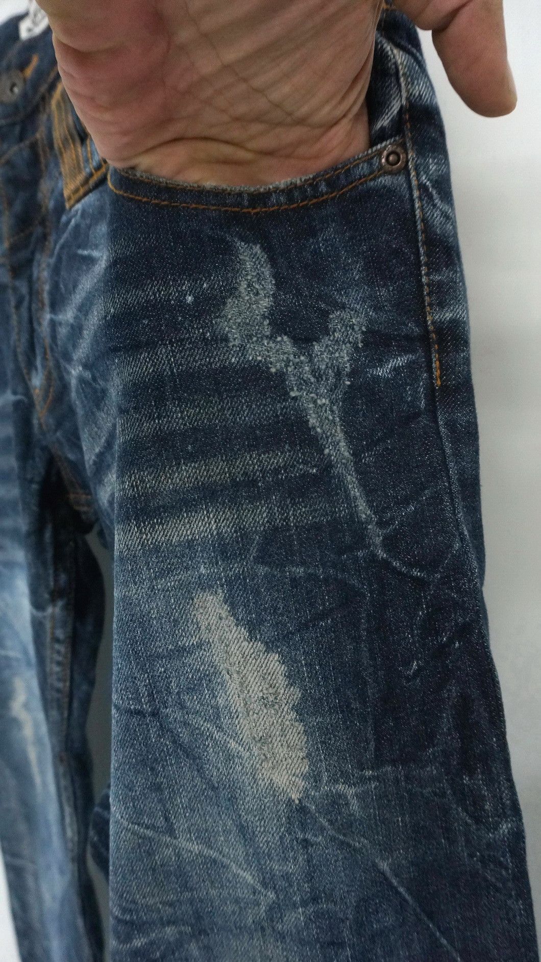 Japanese Brand NYLAUS DARK BLUE Acid Wash Distressed Double Waist Jeans Size US 31 - 10 Thumbnail