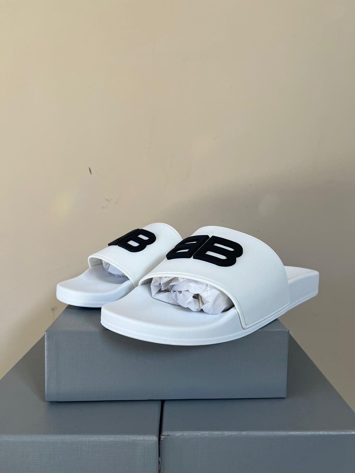 Balenciaga Logo BB Slides in White | Grailed