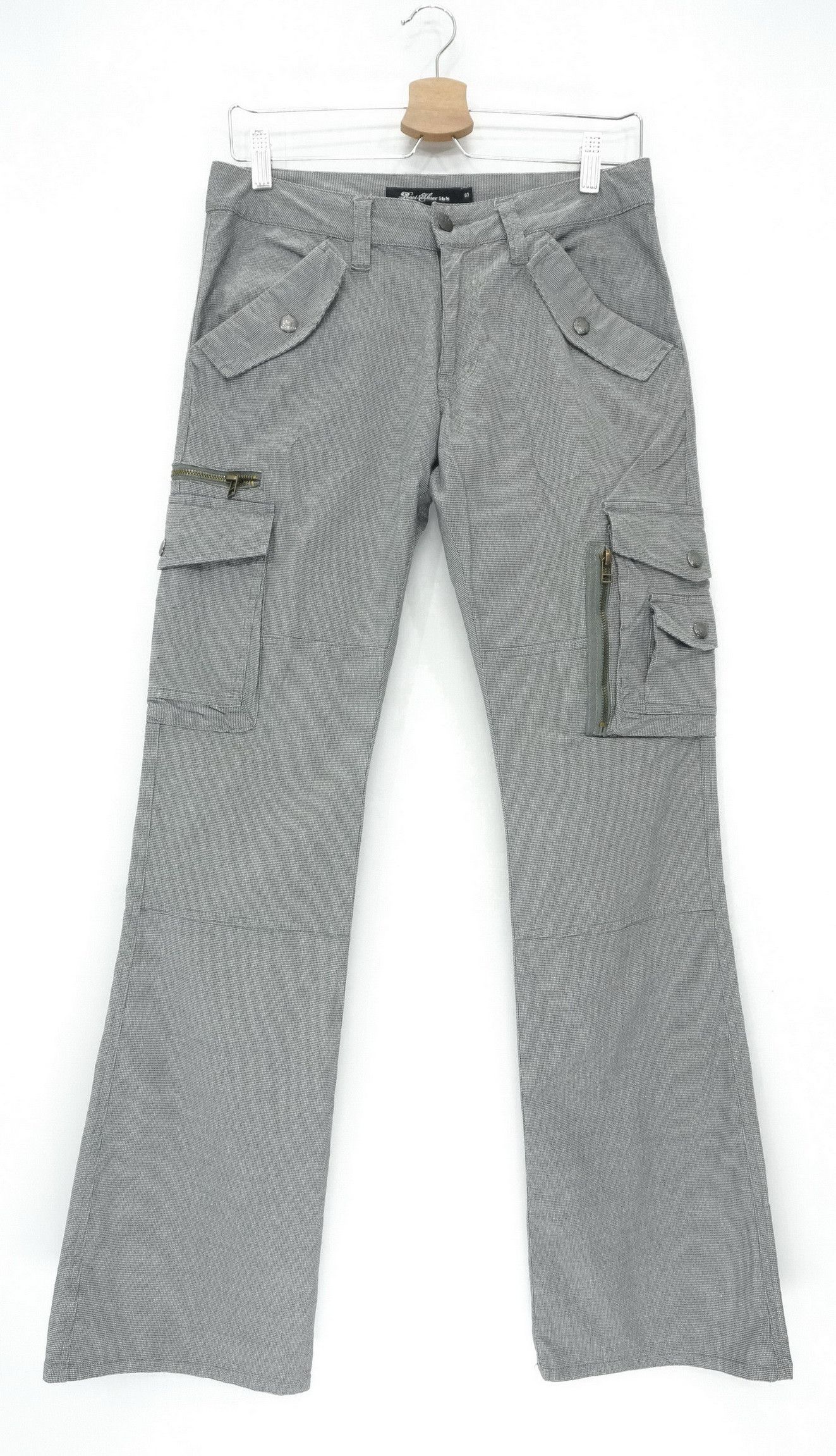 Japanese Brand ROOT THREE Low Rise Flare Leg Houndstooth Light Cargo Pants Size US 29 - 2 Thumbnail