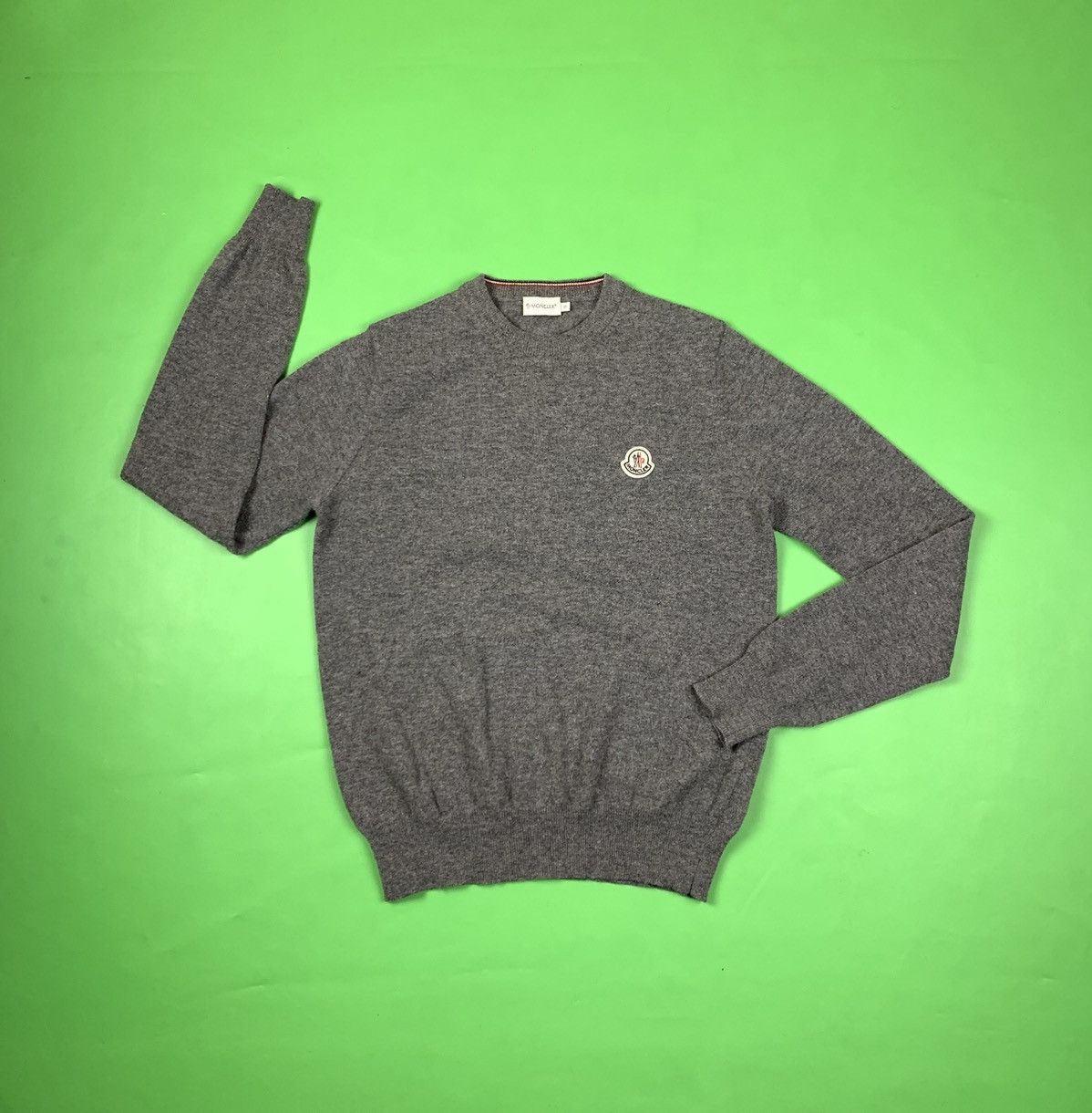 image of Moncler Maglione Tricot Gorocollo Grey Wool Logo Sweater in Melange Grey, Men's (Size Small)