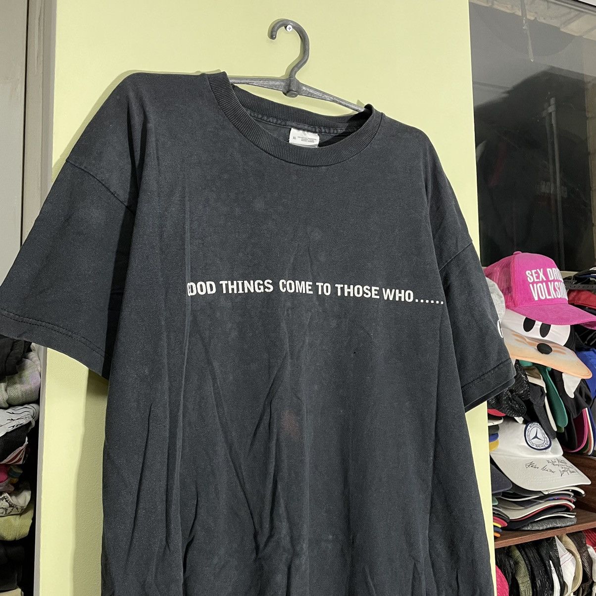 image of Y2K Adult “ Good Things Come “ Comedy Art Humor Tee in Black, Men's (Size XL)