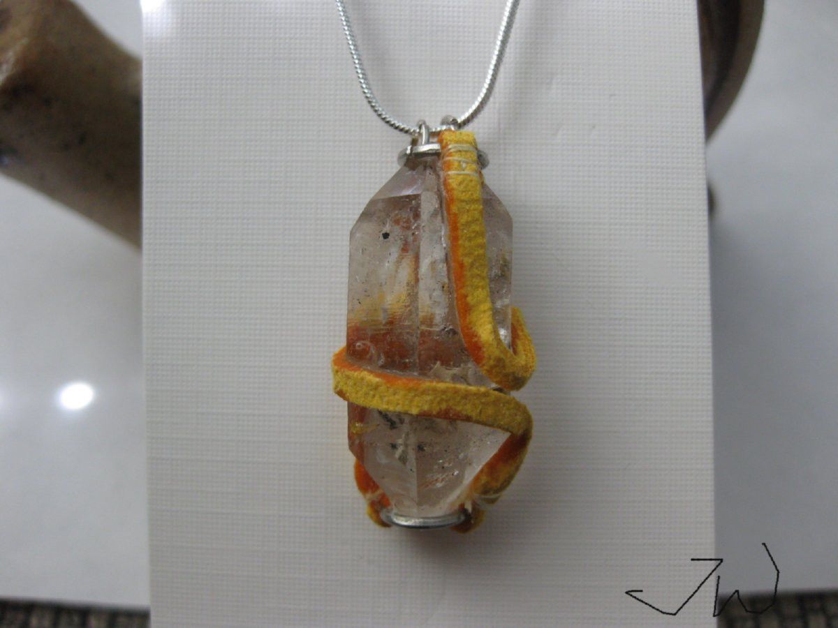 Handmade Clear Quartz Stone necklace with Yellow leather Size ONE SIZE - 4 Thumbnail