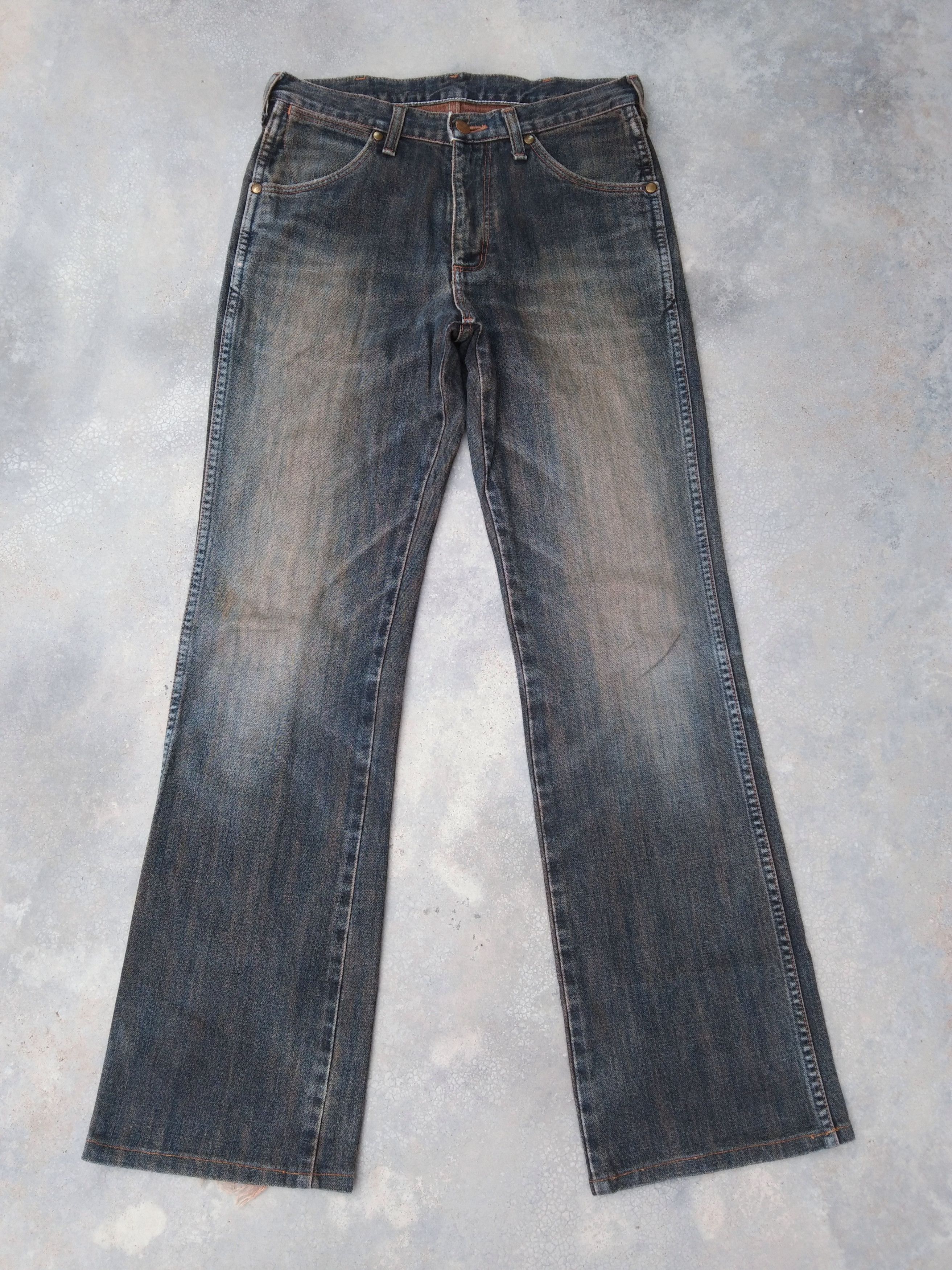 image of Flared Jeans Wrangler Earth Tone Distressed Denim, Men's (Size 28)