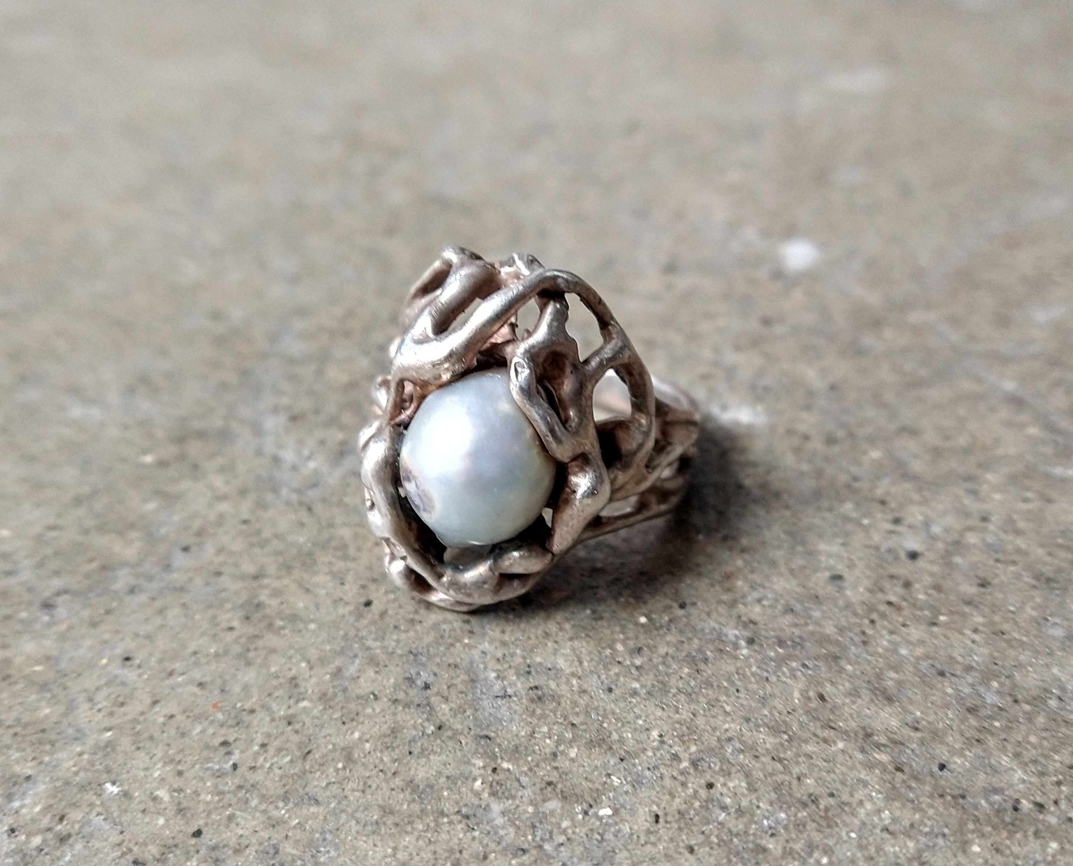 image of Avant Garde x Jewelry Sterling Silver Ring Baroque Pearl Size 8 Brutalist Modern, Men's