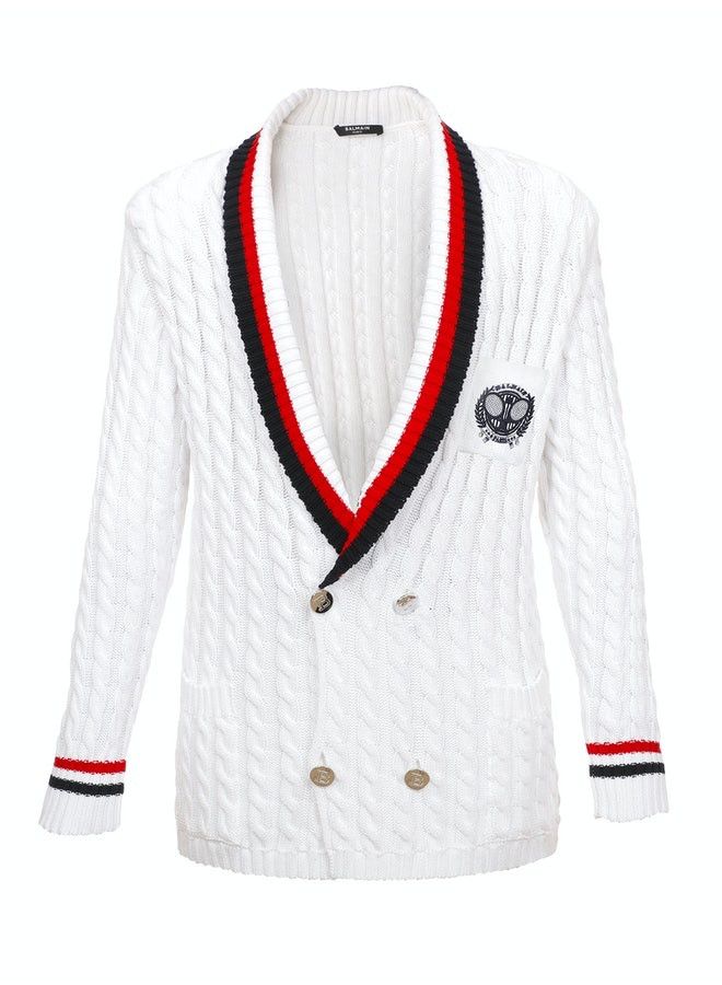 image of Balmain Embroidered Knitted Cable Cotton Blazer In White, Men's (Size Medium)