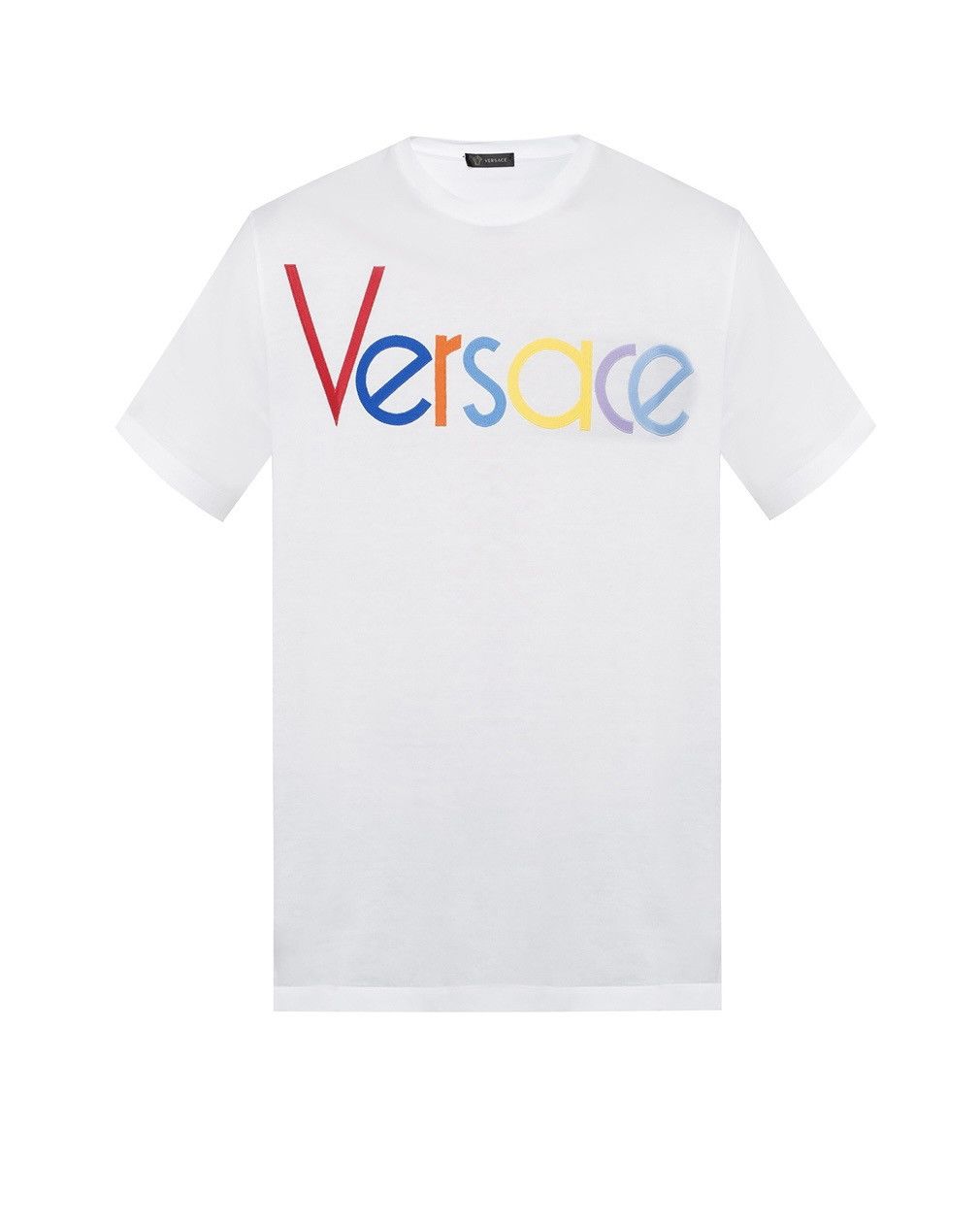 image of Versace Logo Embroidered Multi Color Tee Shirt in White, Men's (Size XL)