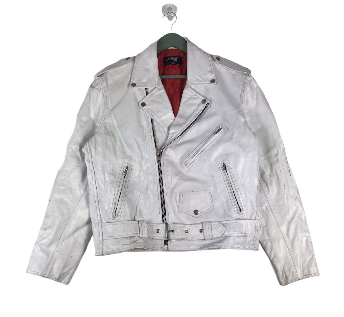 image of Leather Jacket Horn Work By Kakuishi Japan Double Collar Motorcycle Jacket in White (Size Medium)