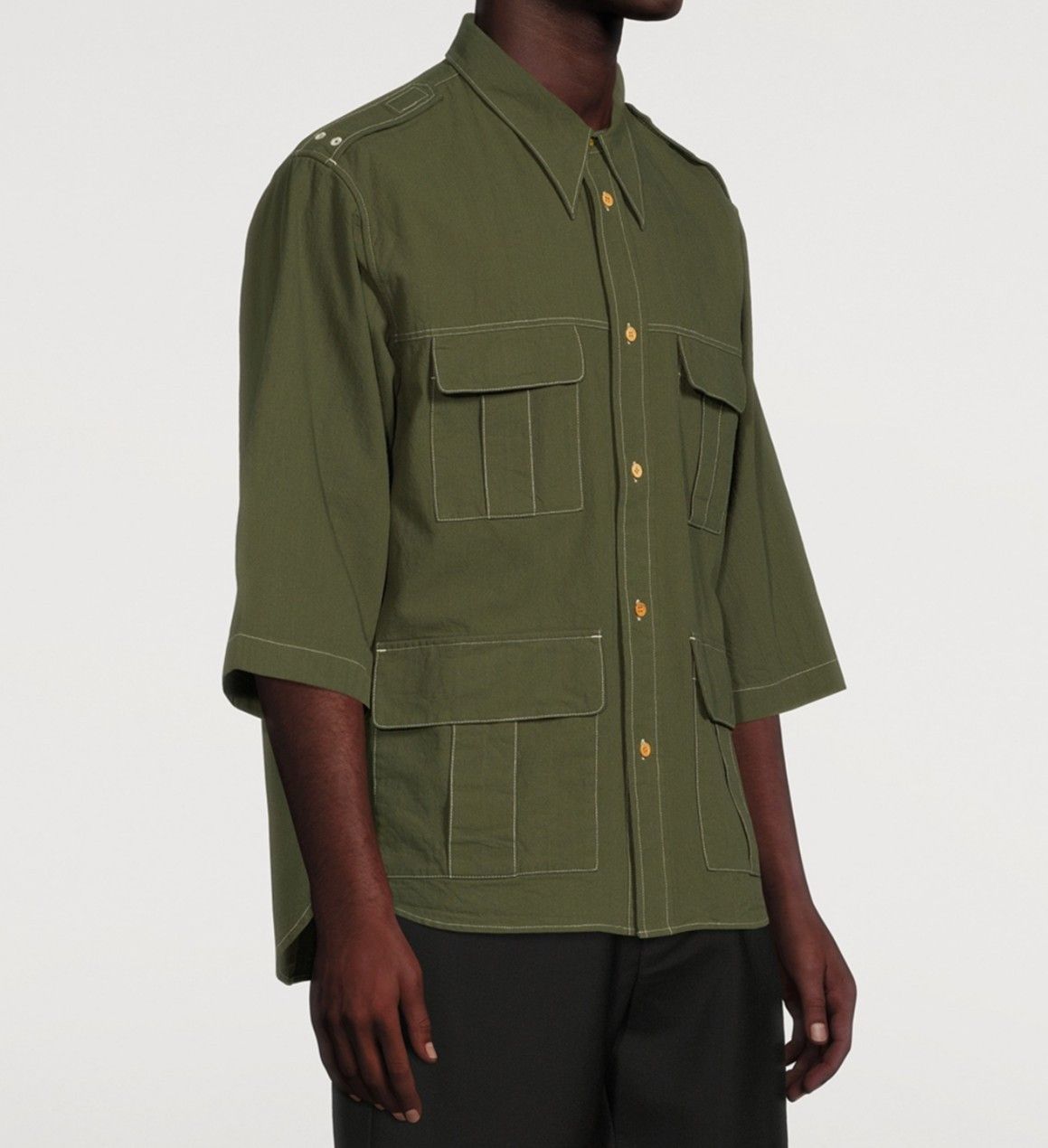 image of Acne Studios Cotton Three-Quarter Sleeve Shirt in Military Green, Men's (Size Medium)