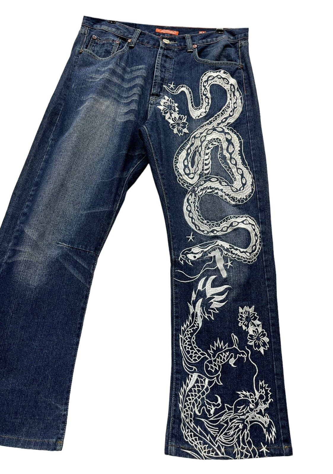 Ed Hardy BINDING NOW🔥ED HARDY Snake & Dragon Embroidered Tattoo Wear Size US 33 - 1 Preview