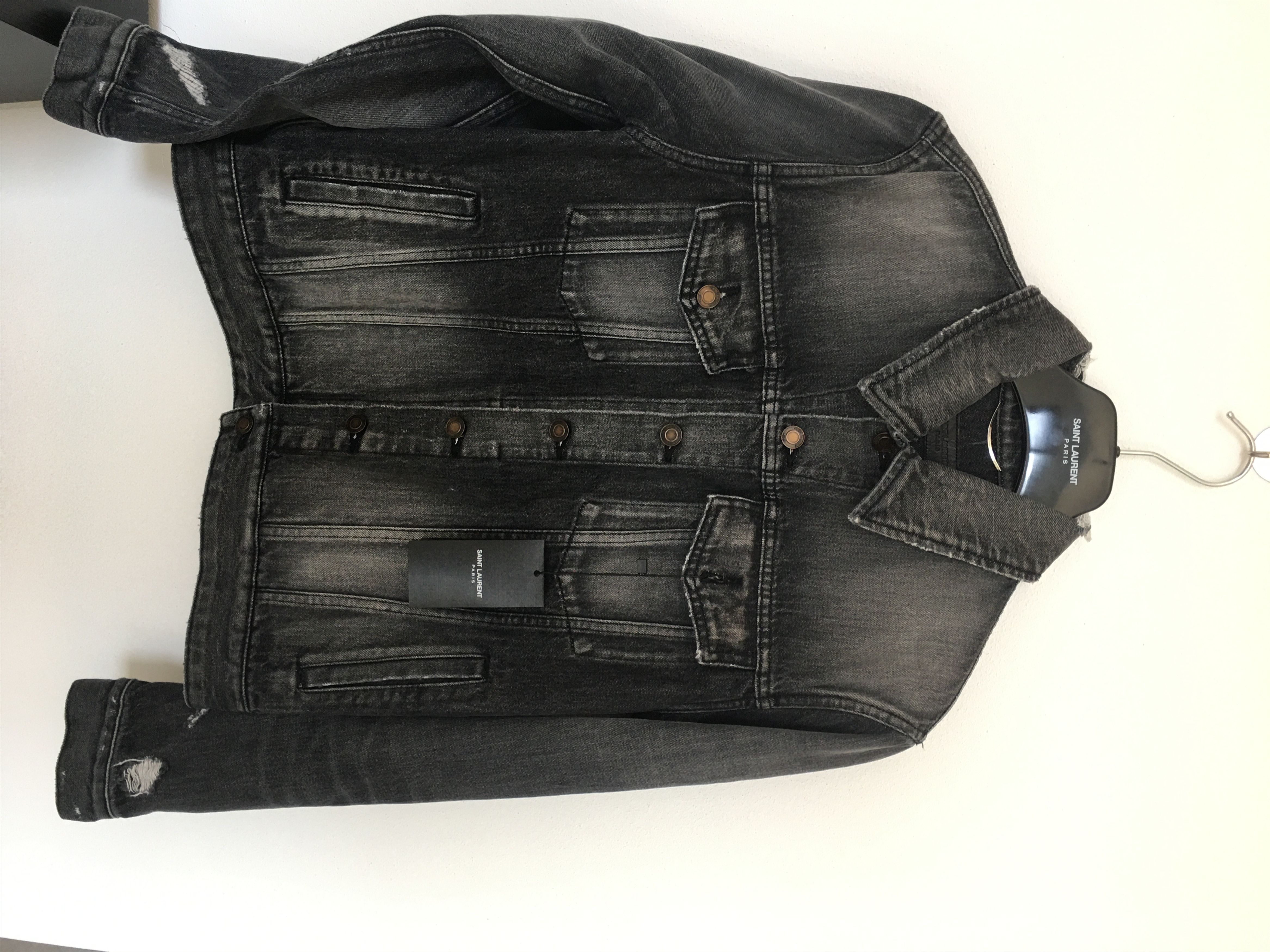 image of Saint Laurent Paris Fw'18 Denim Jacket Ripped Sleeves in Wash Black Denim, Men's (Size Small)