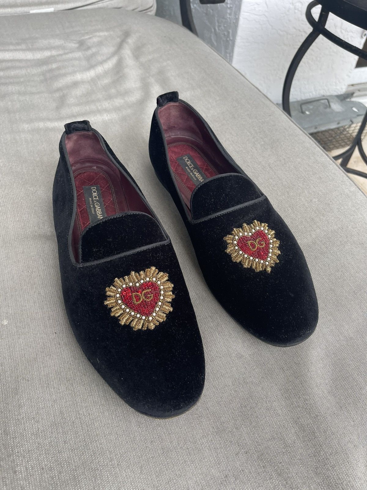 image of Dolce Gabbana D&g Black Velvet Heart Loafers Slippers Dress Shoes, Men's (Size 11)