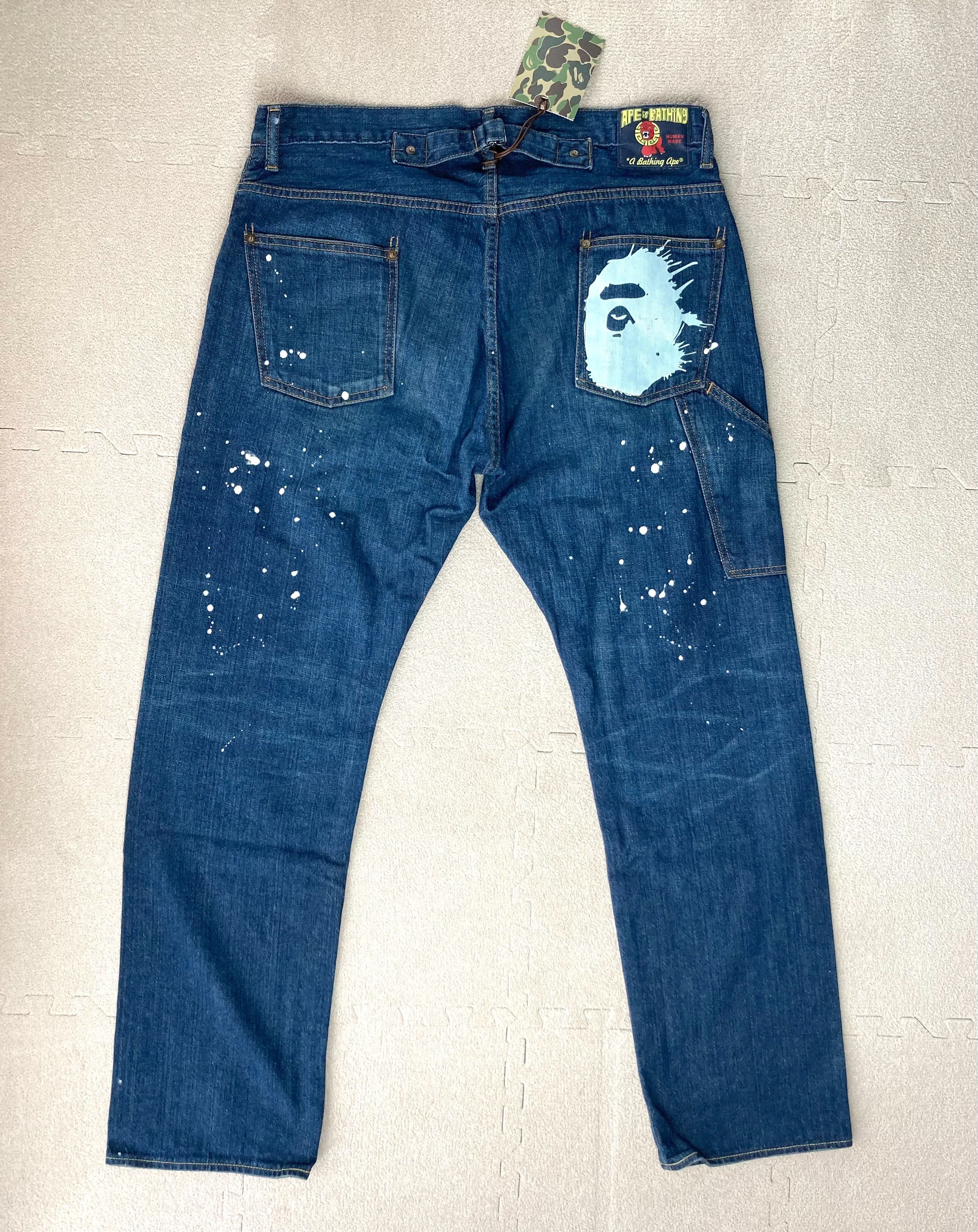 【希少】a bathing ape paint denim Bape Bape Paint Splatter Ape Head Indigo Denim | Grailed