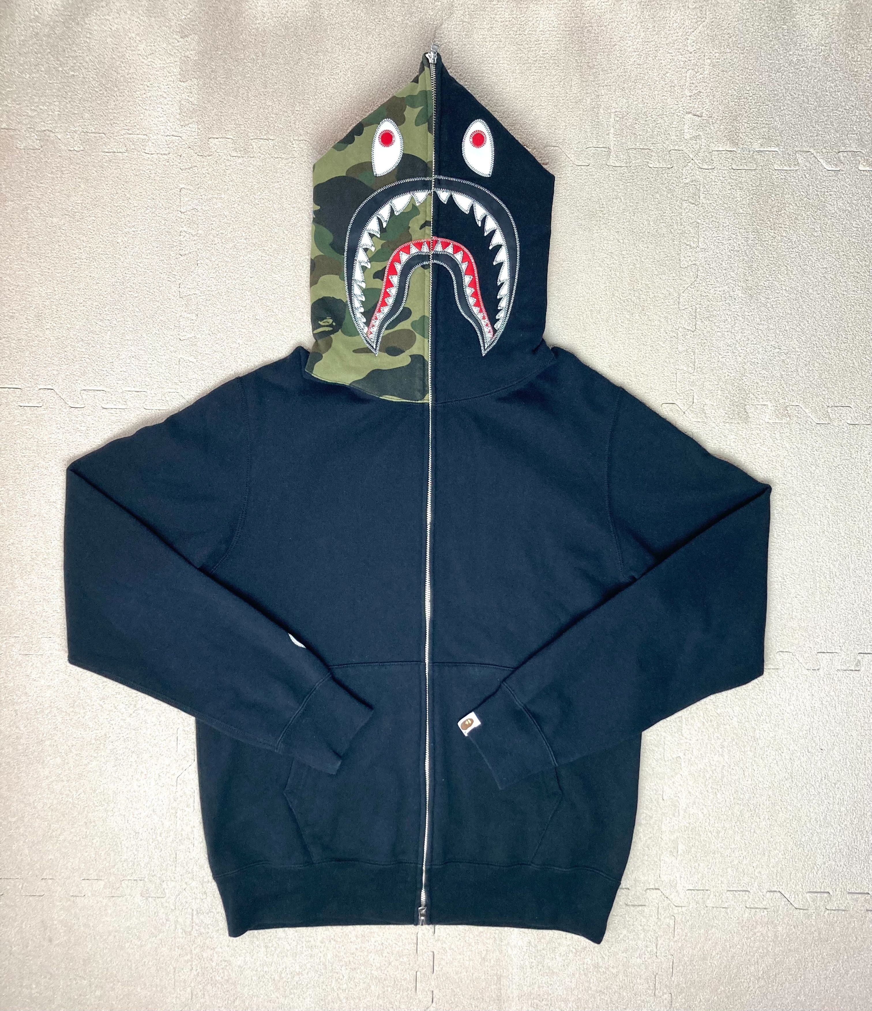 image of Bape Black 1St Camo Green Shark Applique Full Zip Hoodie, Men's (Size Large)