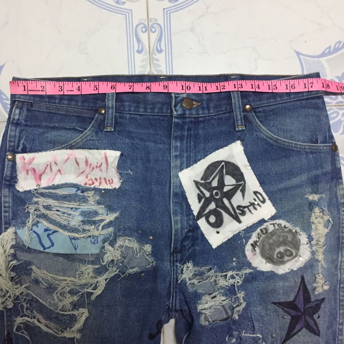 Japanese Brand Wrangler Destroyed Custom Jeans Denim Pant Size US 35 - 15 Thumbnail