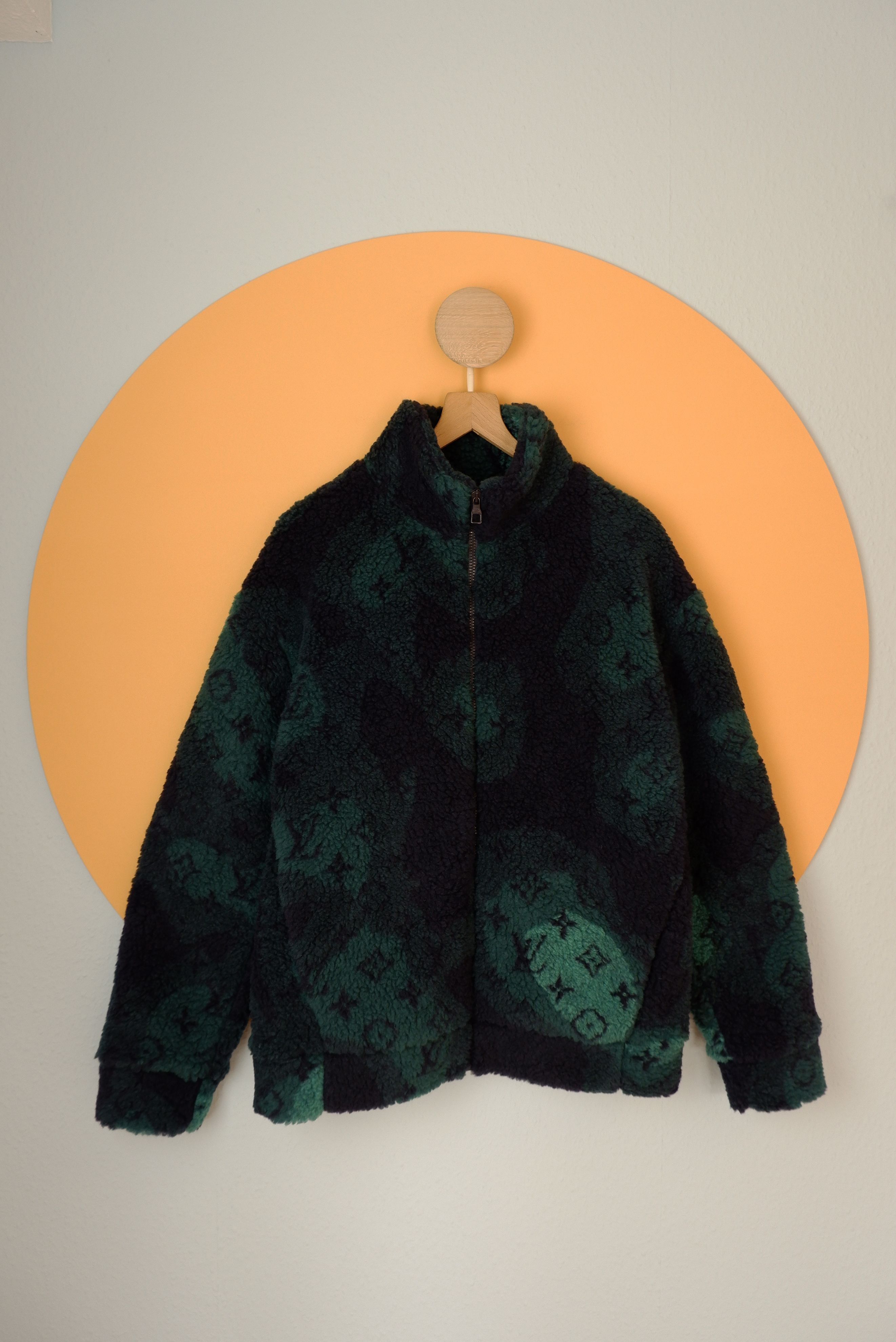 Louis Vuitton Navy & Green Elevation Camo Fleece Jacket worn by